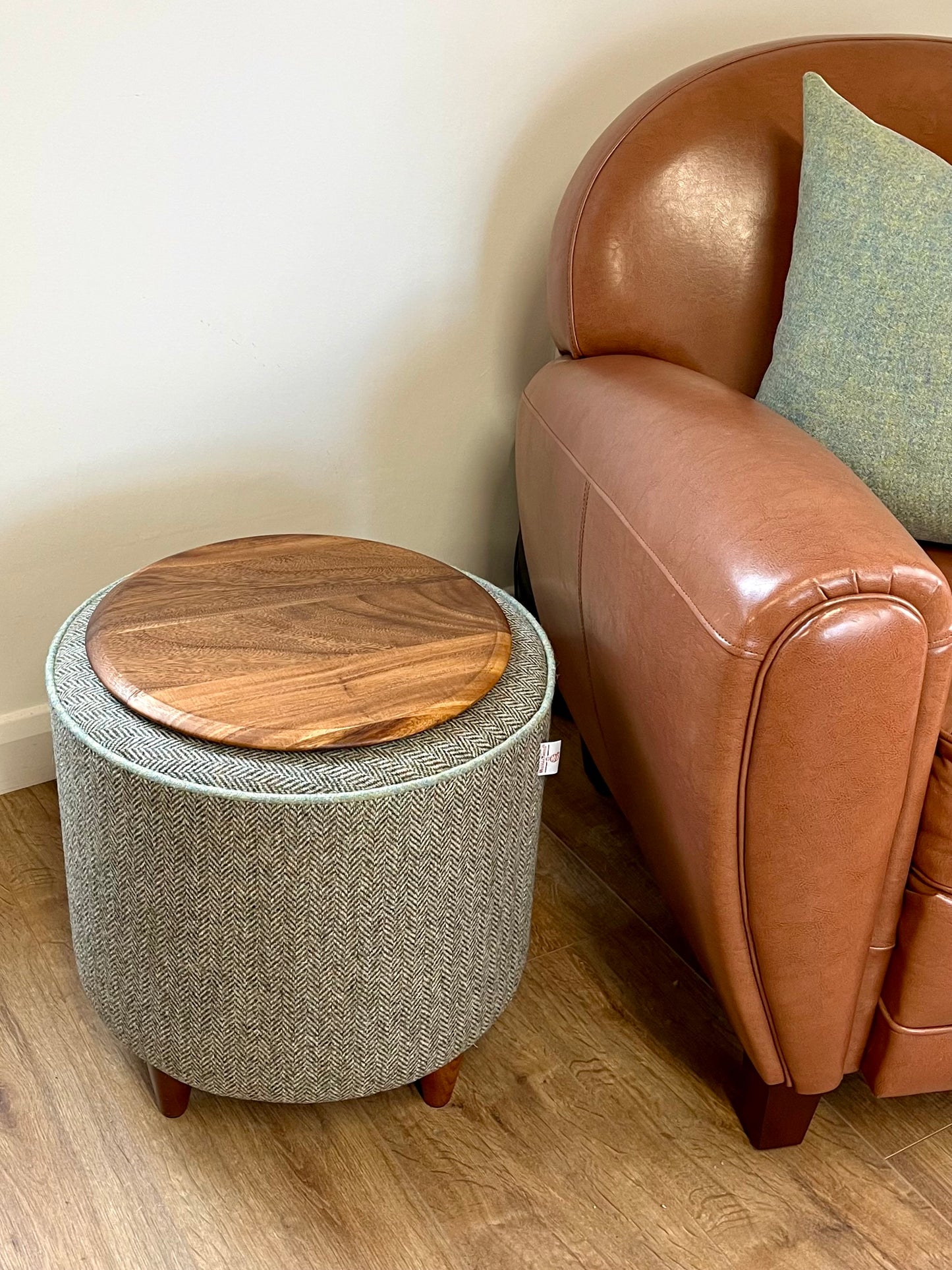 Brown Green Harris Tweed Chunky Table Footstool with Green Piping Detail