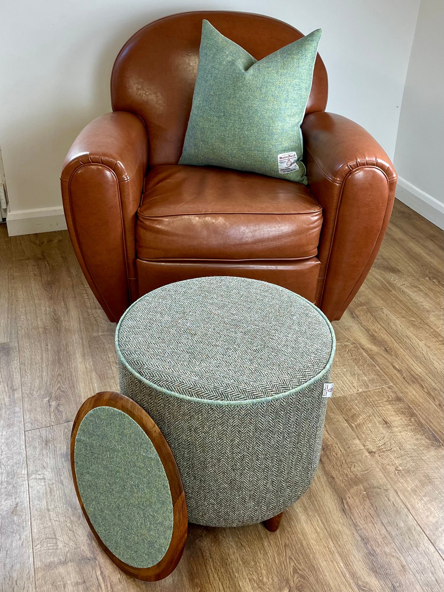 Brown Green Harris Tweed Chunky Table Footstool with Green Piping Detail