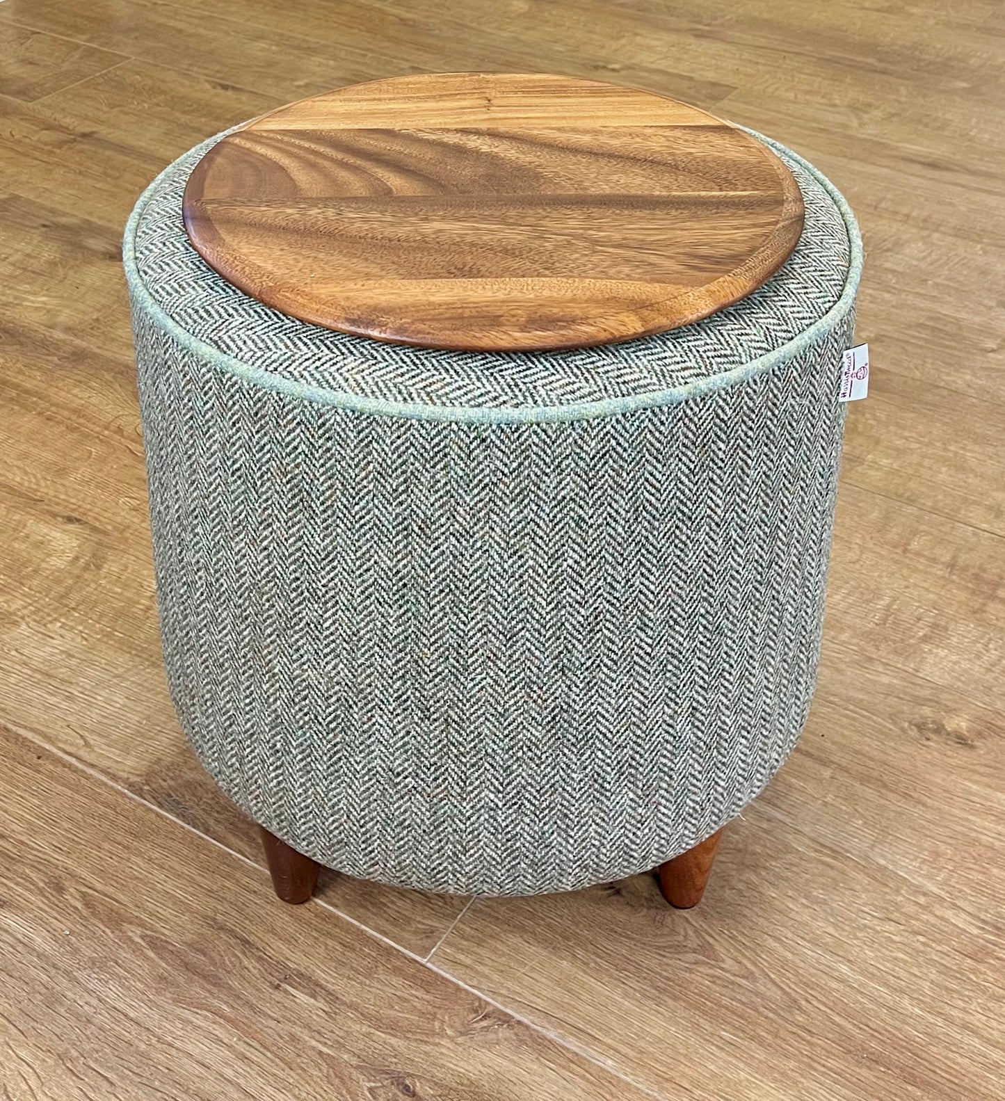 Brown Green Harris Tweed Chunky Table Footstool with Green Piping Detail