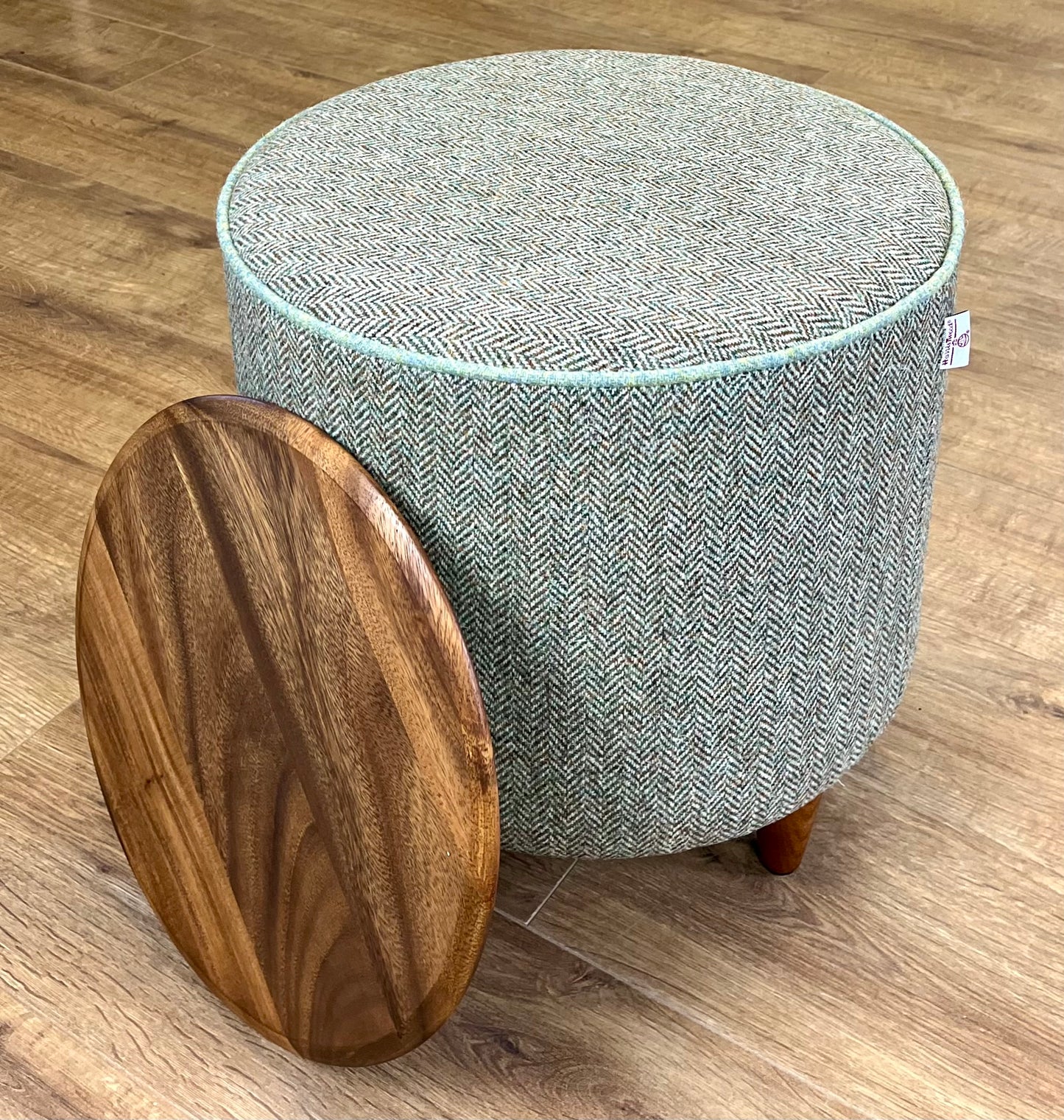 Brown Green Harris Tweed Chunky Table Footstool with Green Piping Detail
