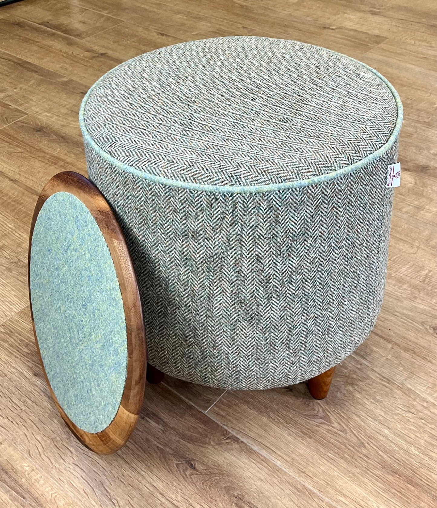 Brown Green Harris Tweed Chunky Table Footstool with Green Piping Detail