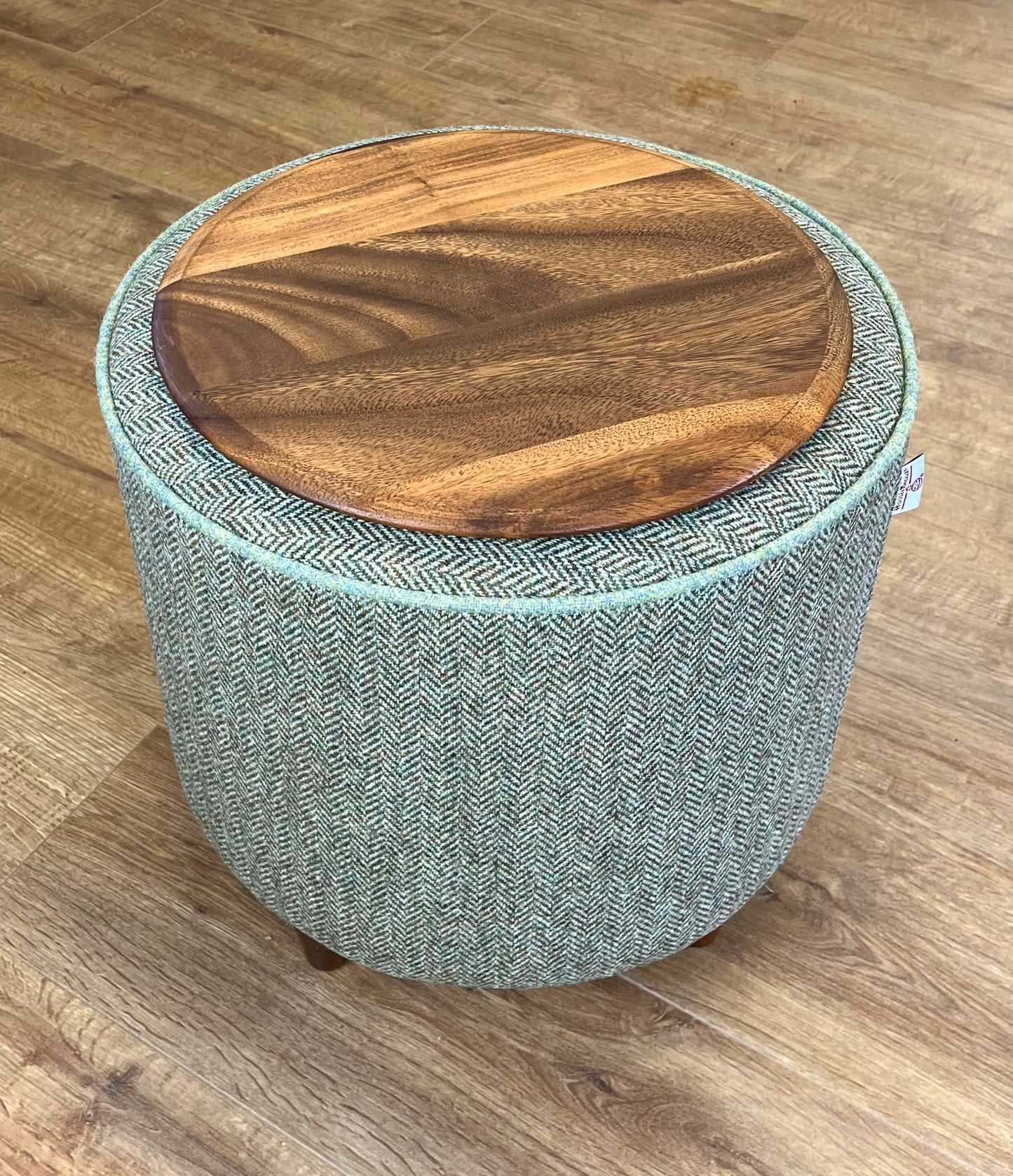 Brown Green Harris Tweed Chunky Table Footstool with Green Piping Detail