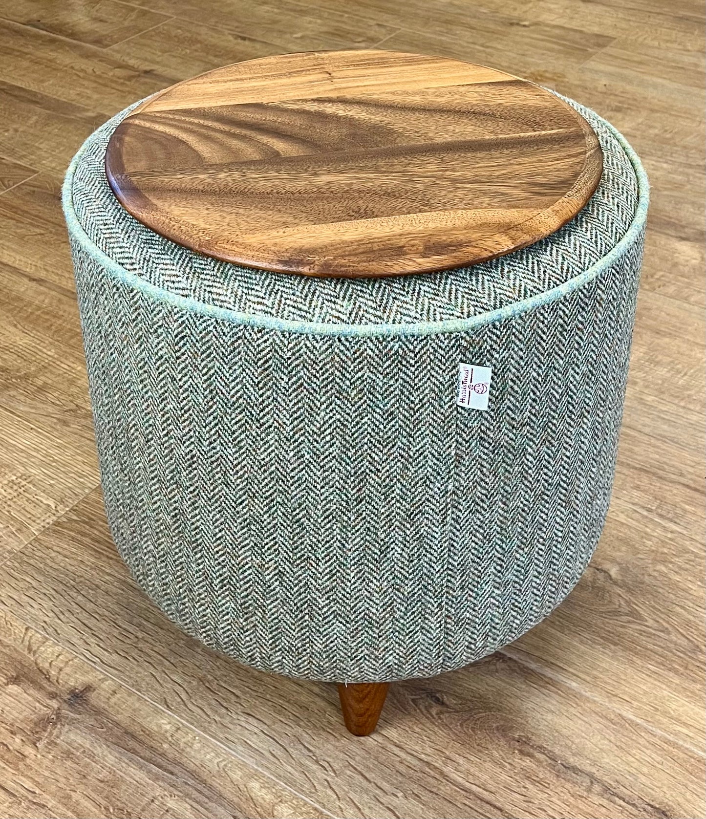 Brown Green Harris Tweed Chunky Table Footstool with Green Piping Detail