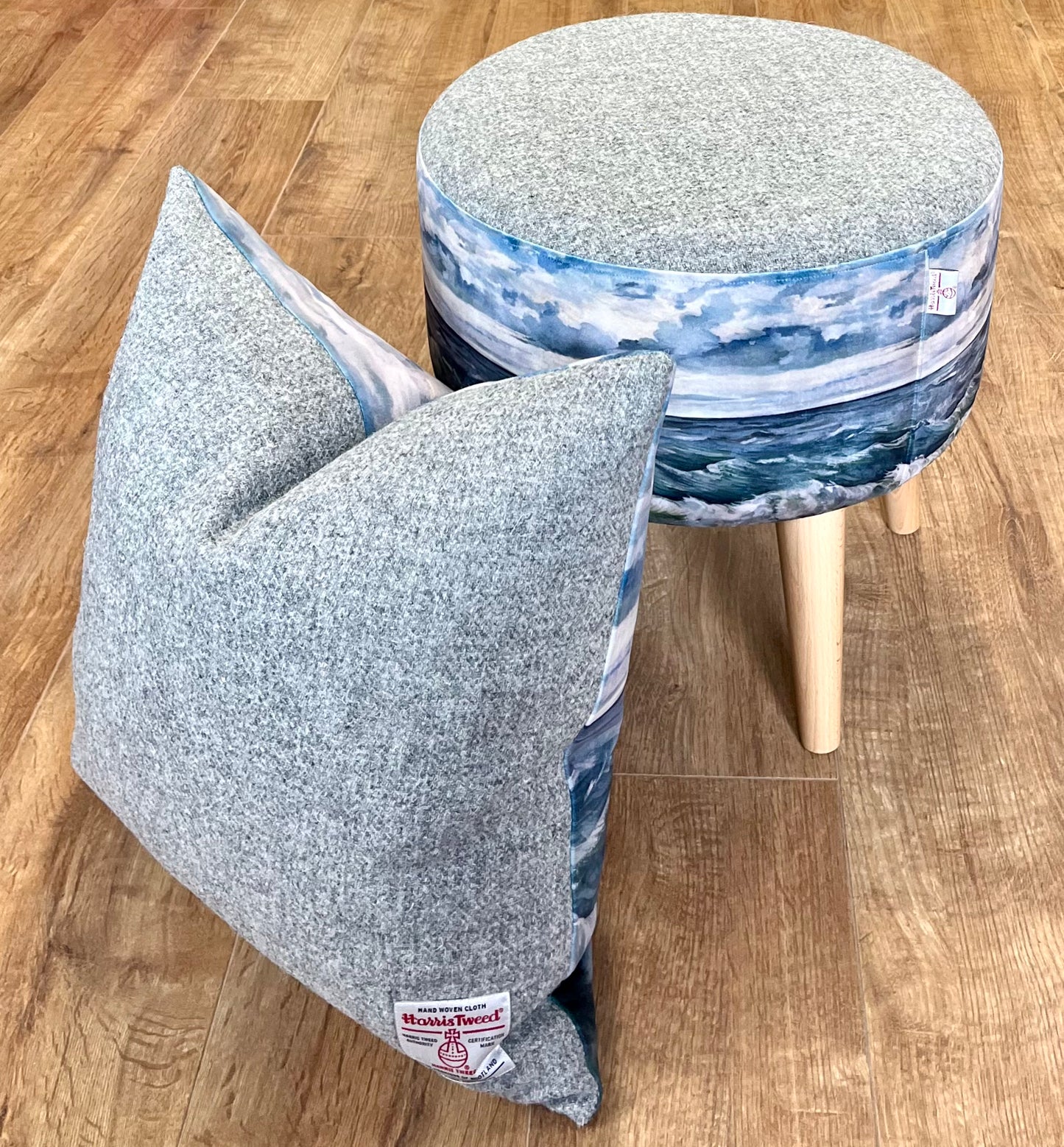 Sheigra Sea Velvet and Grey Harris Tweed Footstool