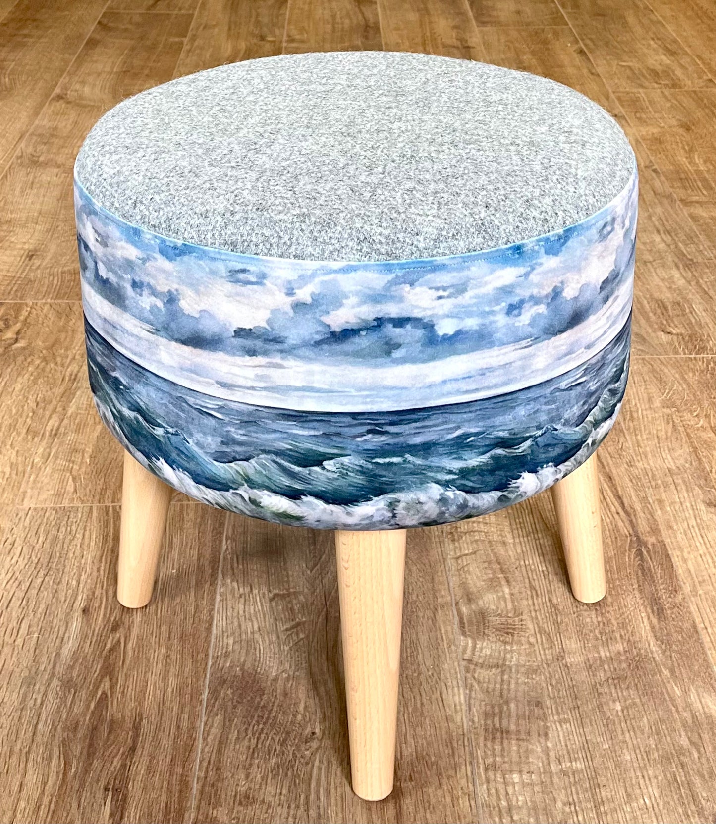 Sheigra Sea Velvet and Grey Harris Tweed Footstool