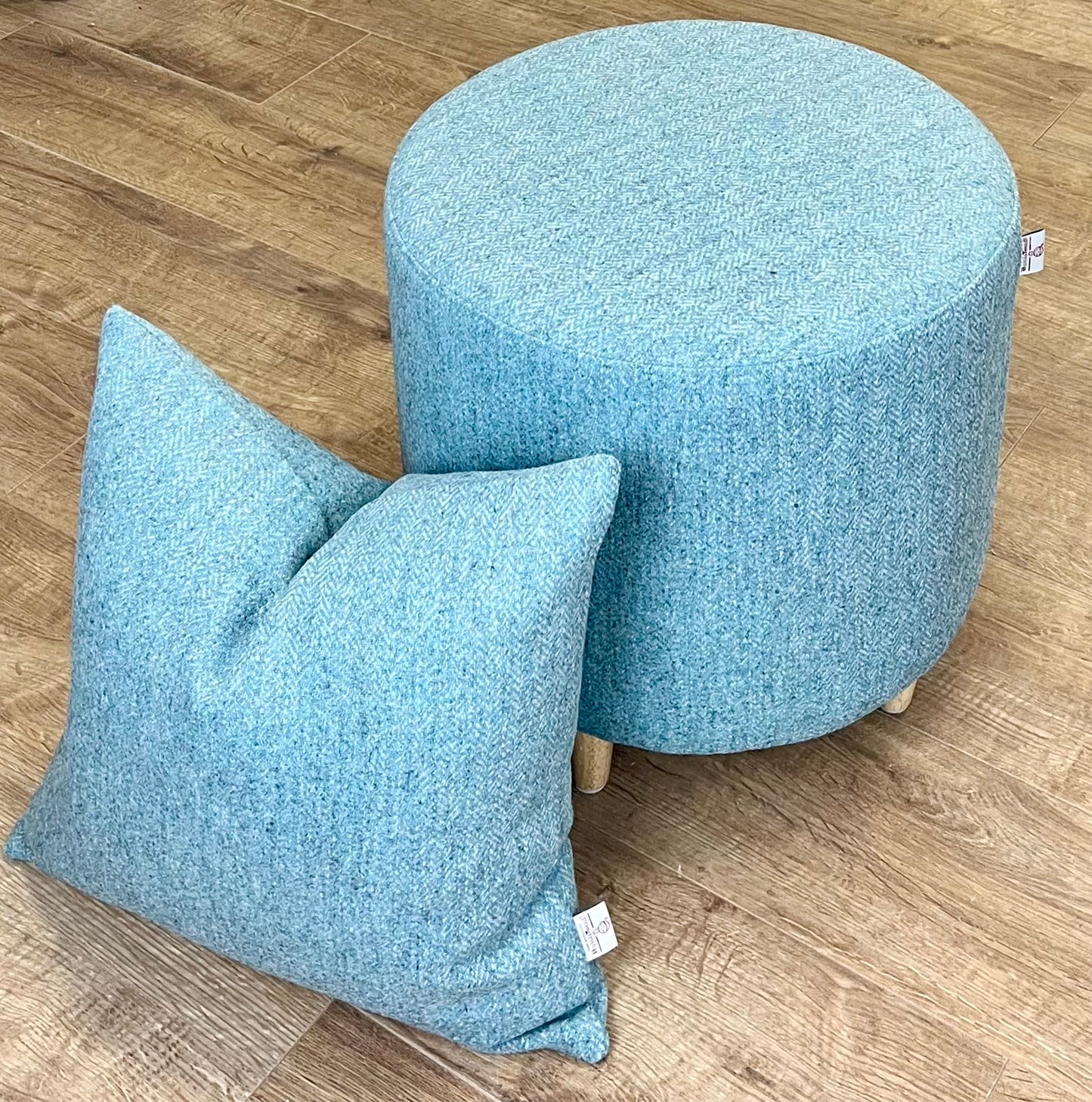 Light Blue & Grey Herringbone Harris Tweed Chunky Footstool