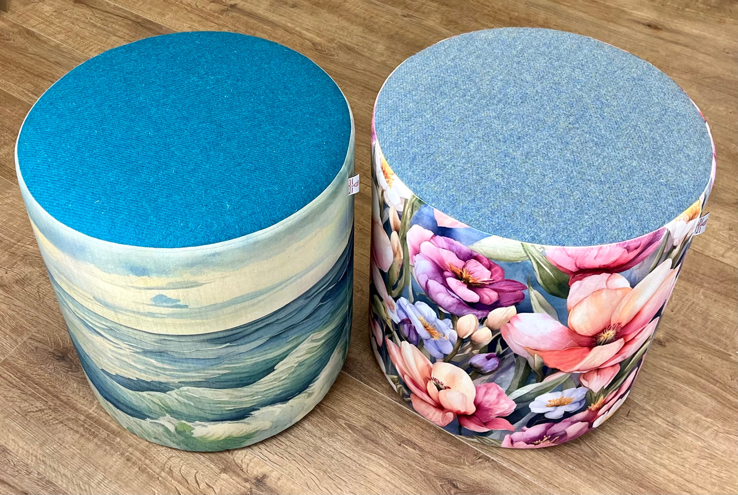 Flower Garden Velvet and Light Blue Harris Tweed Large Chunky Stool