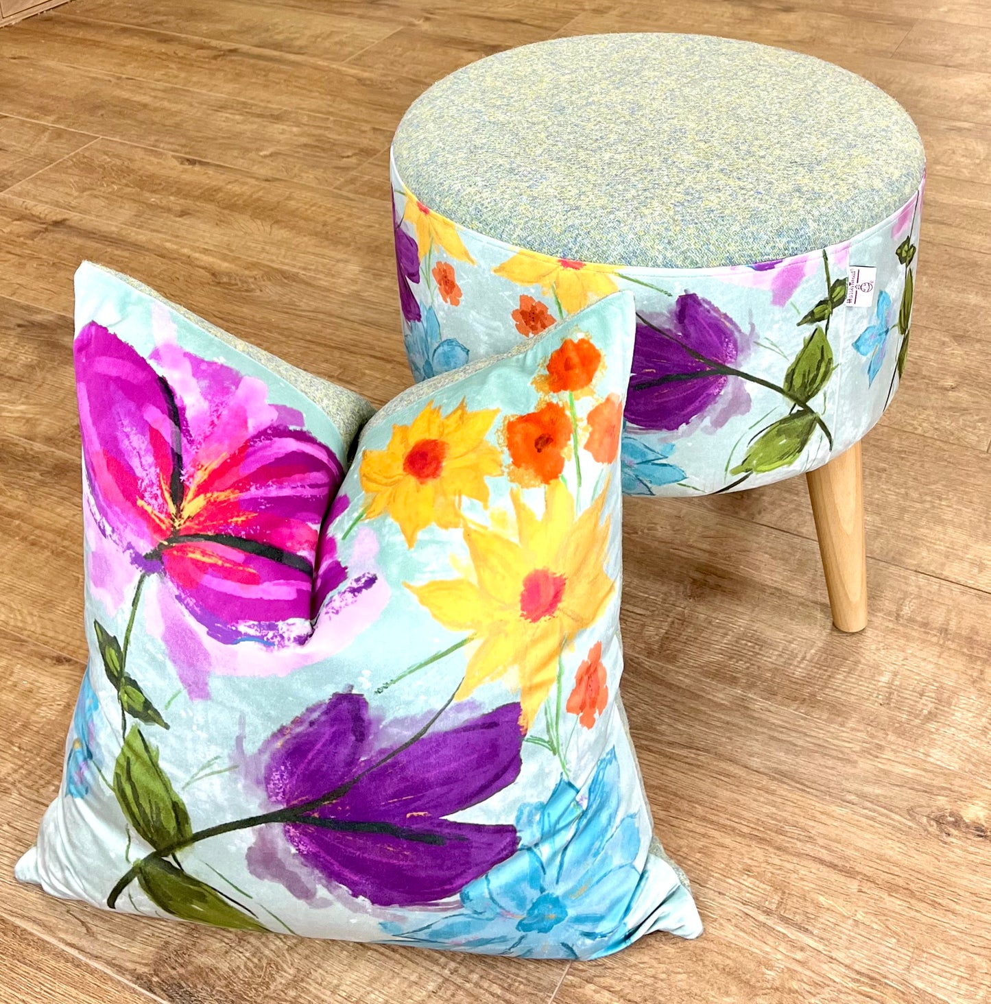 Spring Time Velvet and Light Green Harris Tweed Footstool