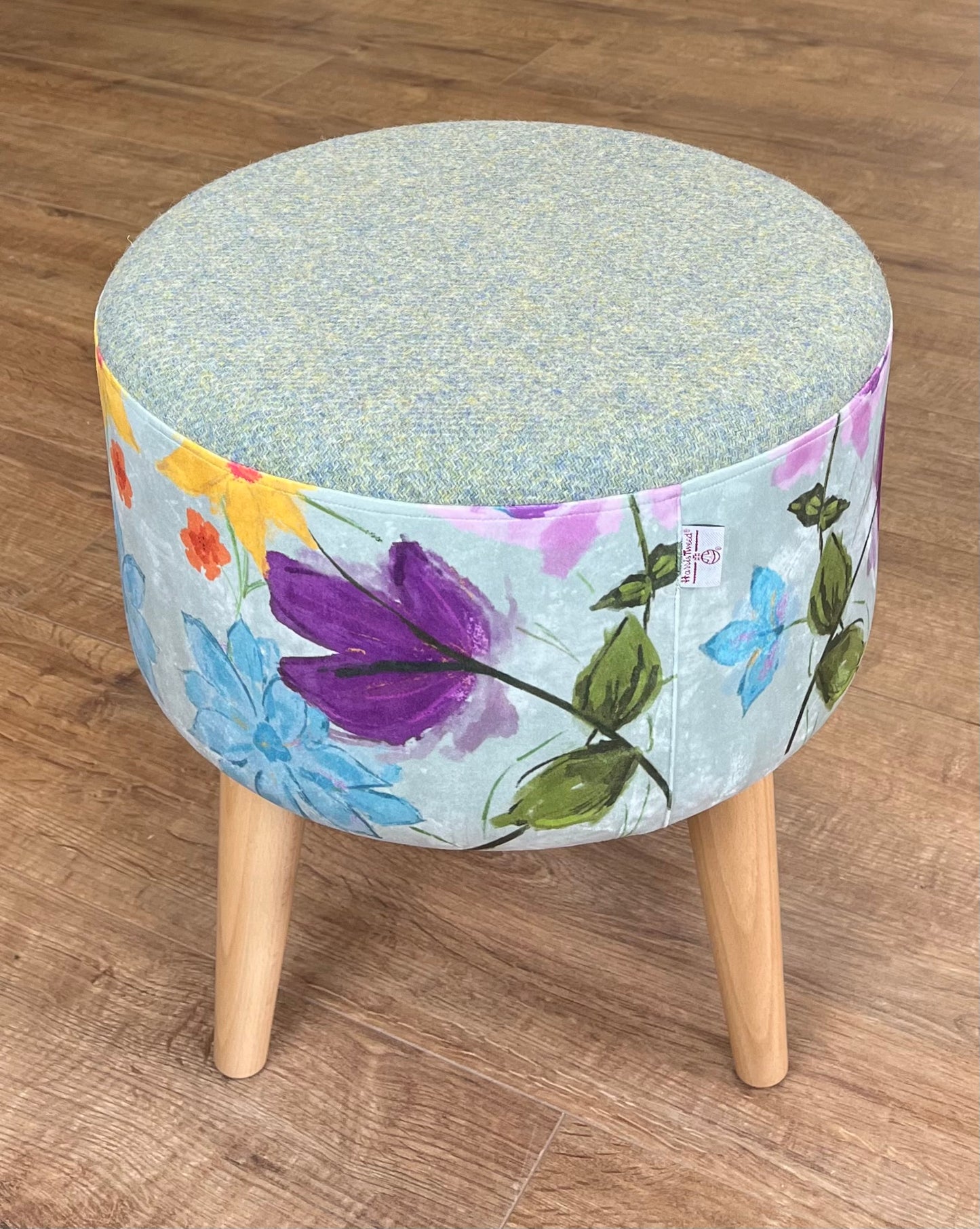 Spring Time Velvet and Light Green Harris Tweed Footstool