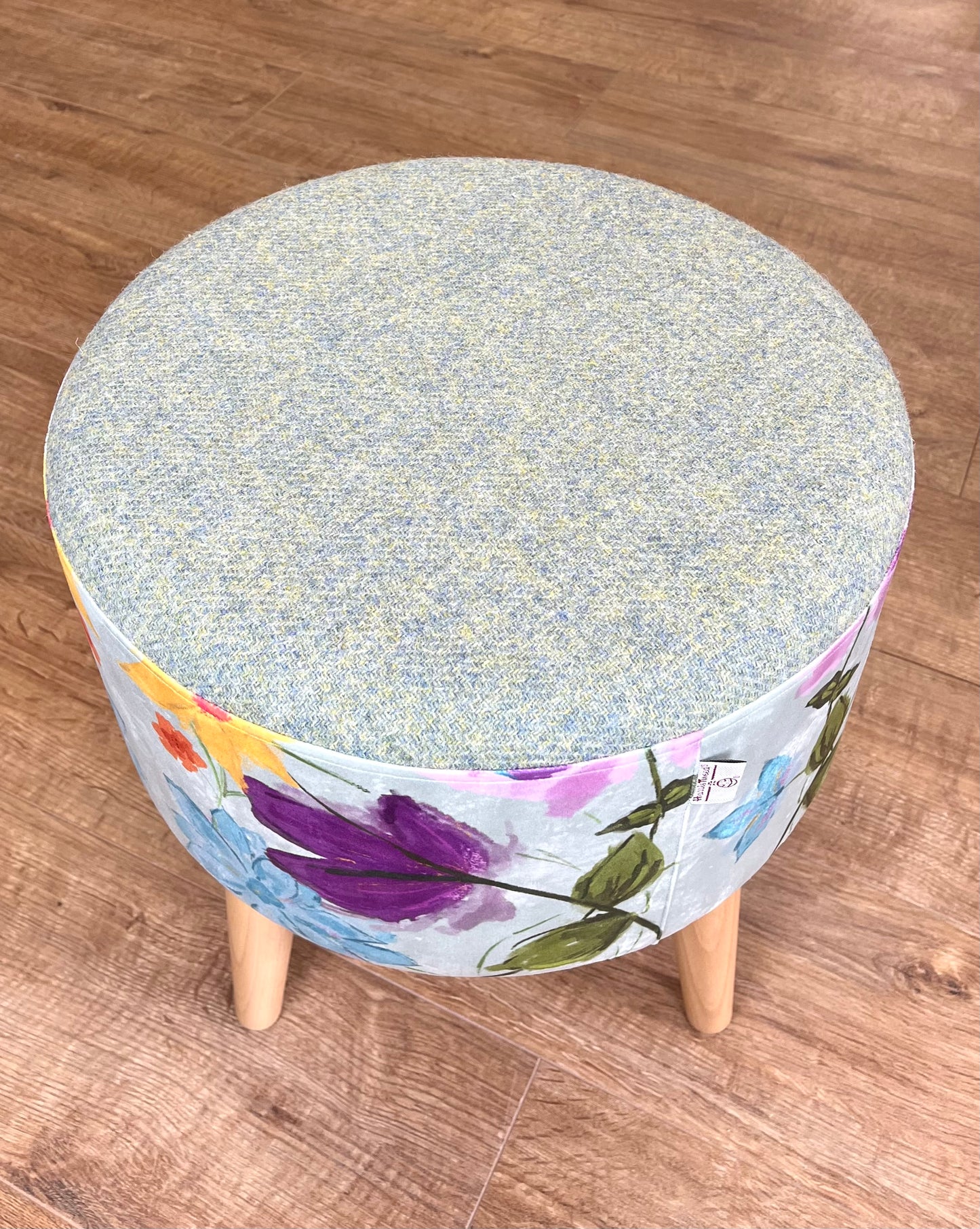 Spring Time Velvet and Light Green Harris Tweed Footstool