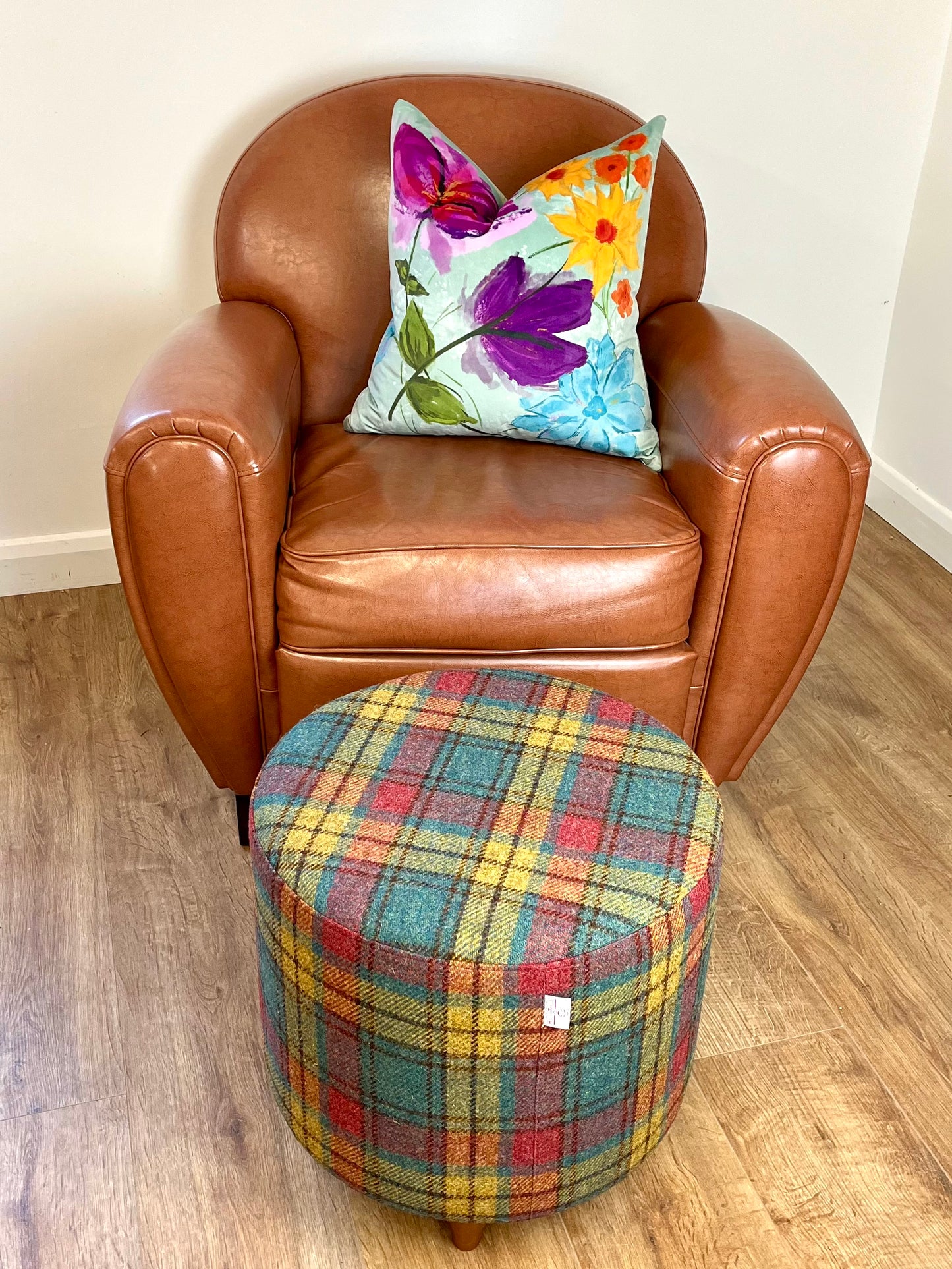 Green, Red & Mustard Tartan Harris Tweed Chunky Footstool