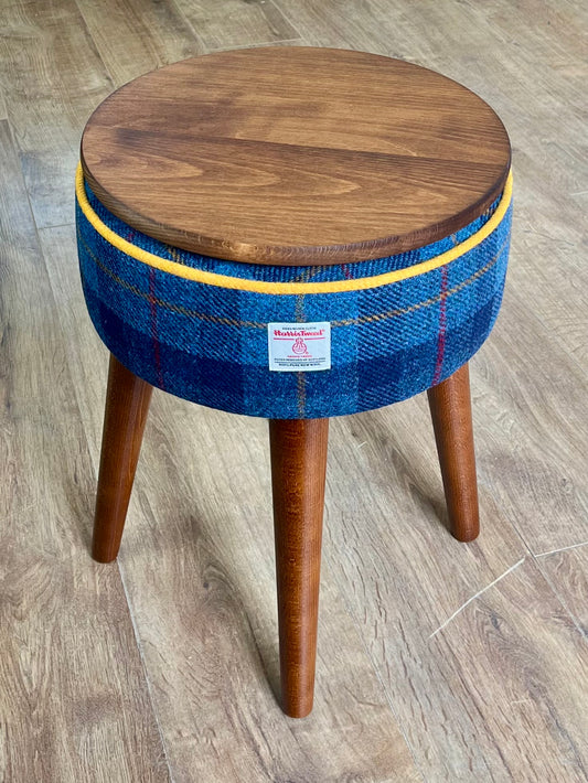 Blue Tartan Harris Tweed Table Footstool with Yellow Piping and Removable Wooden Top