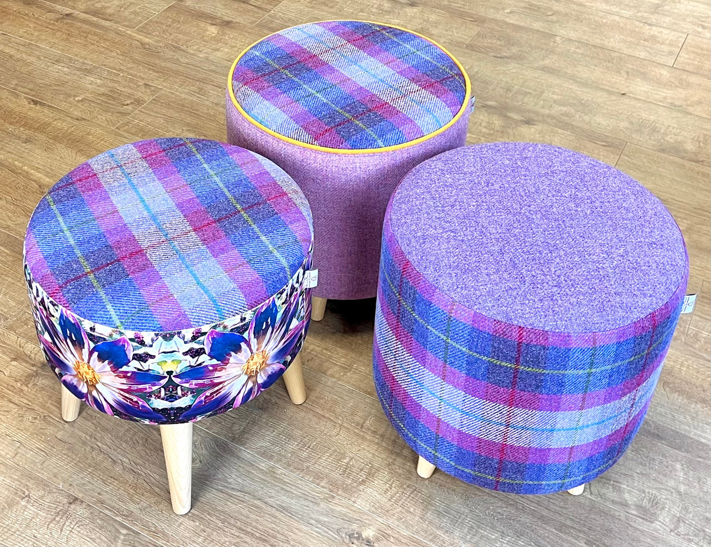 Lilac and Tartan Harris Tweed Round Footstool with Varnished Wooden Legs
