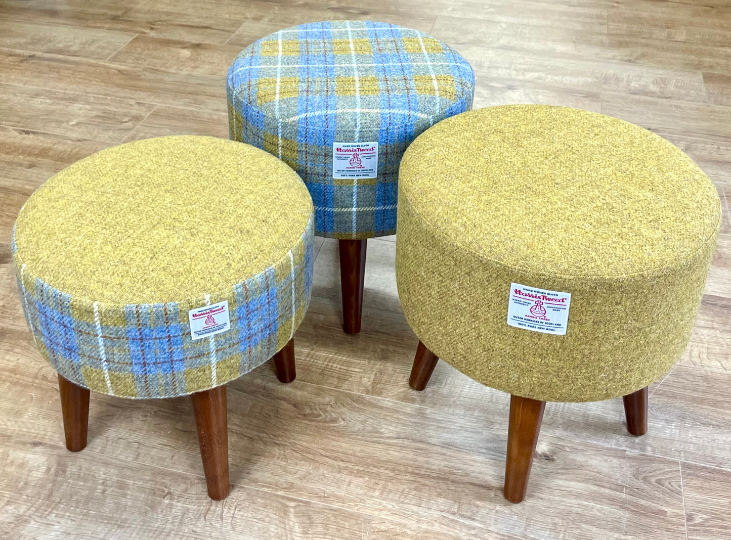 Mustard Harris Tweed Footstool with Dark Varnished Wooden Legs