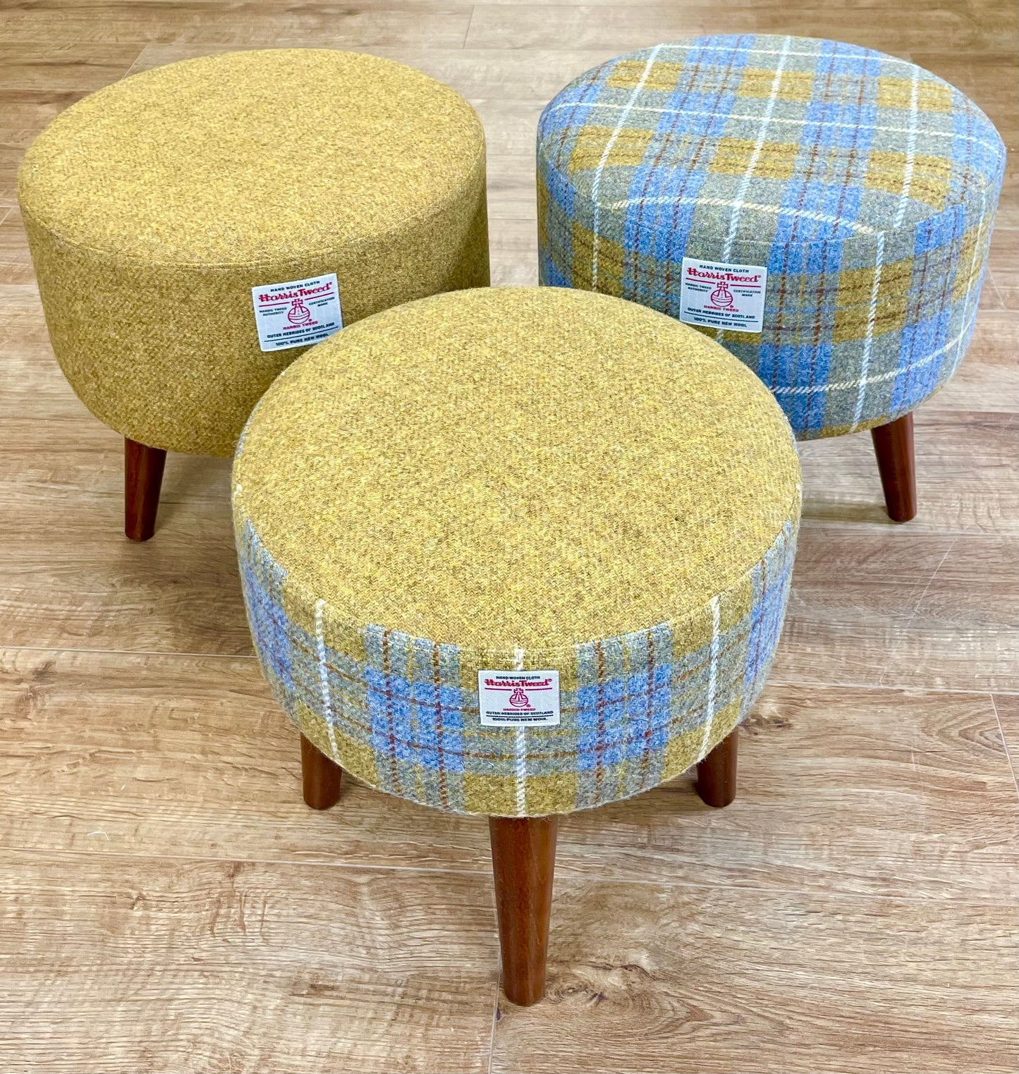 Mustard Tartan Harris Tweed Footstool with Dark Varnished Wooden Legs