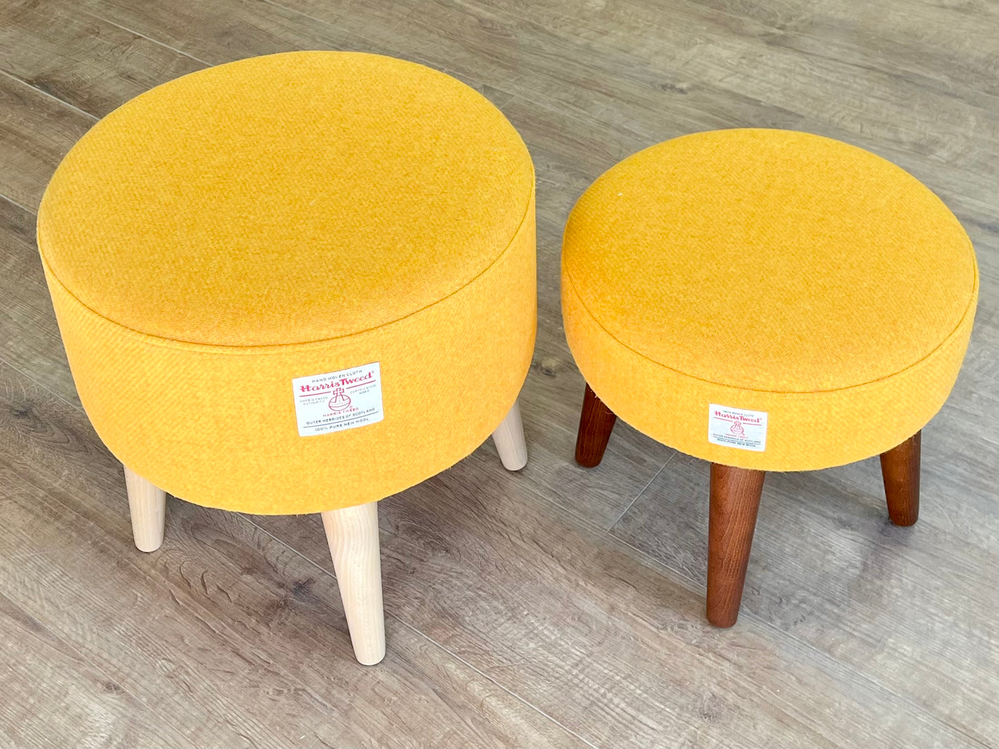Yellow Harris Tweed Footstool with Varnished Wooden Legs