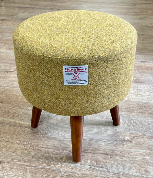 Mustard Harris Tweed Footstool with Dark Varnished Wooden Legs