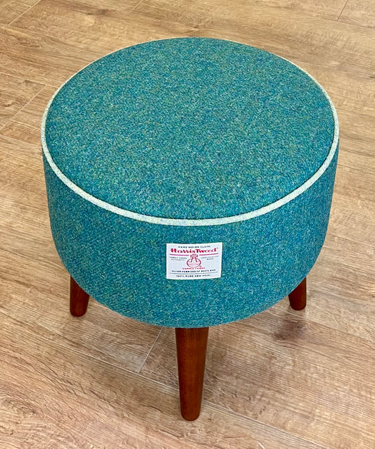 Deep Green Harris Tweed Footstool with Light Green Piping