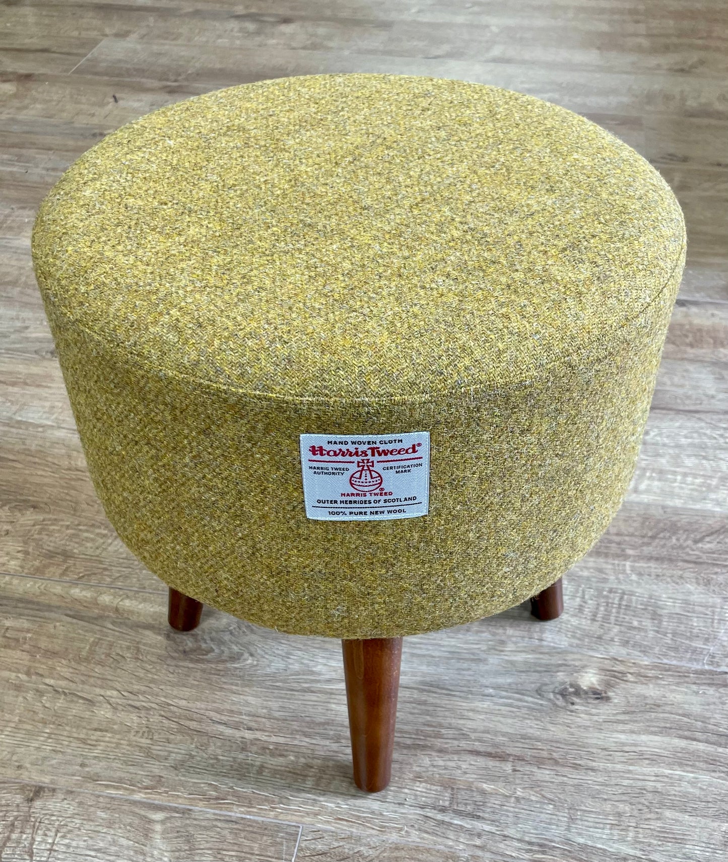 Mustard Harris Tweed Footstool with Dark Varnished Wooden Legs