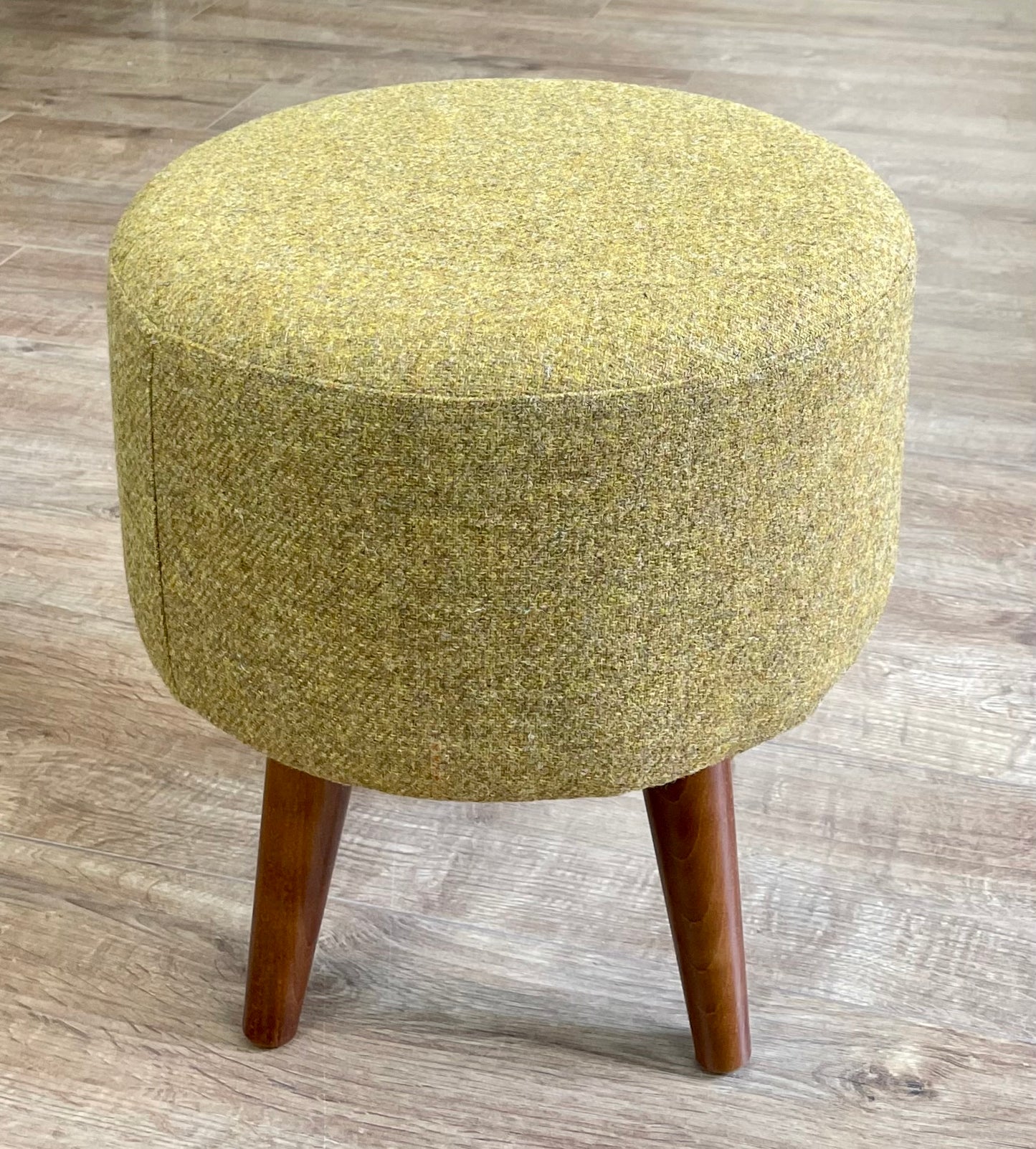 Mustard Harris Tweed Footstool with Dark Varnished Wooden Legs