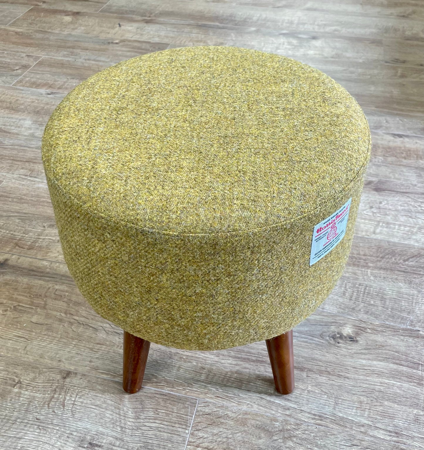 Mustard Harris Tweed Footstool with Dark Varnished Wooden Legs