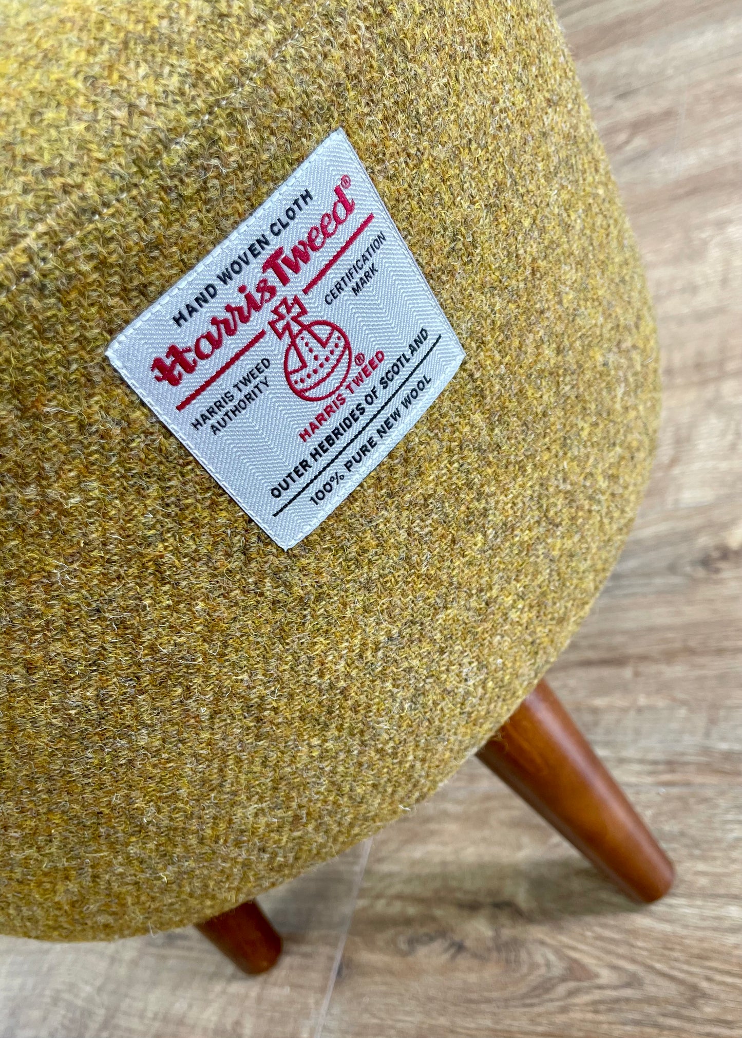 Mustard Harris Tweed Footstool with Dark Varnished Wooden Legs