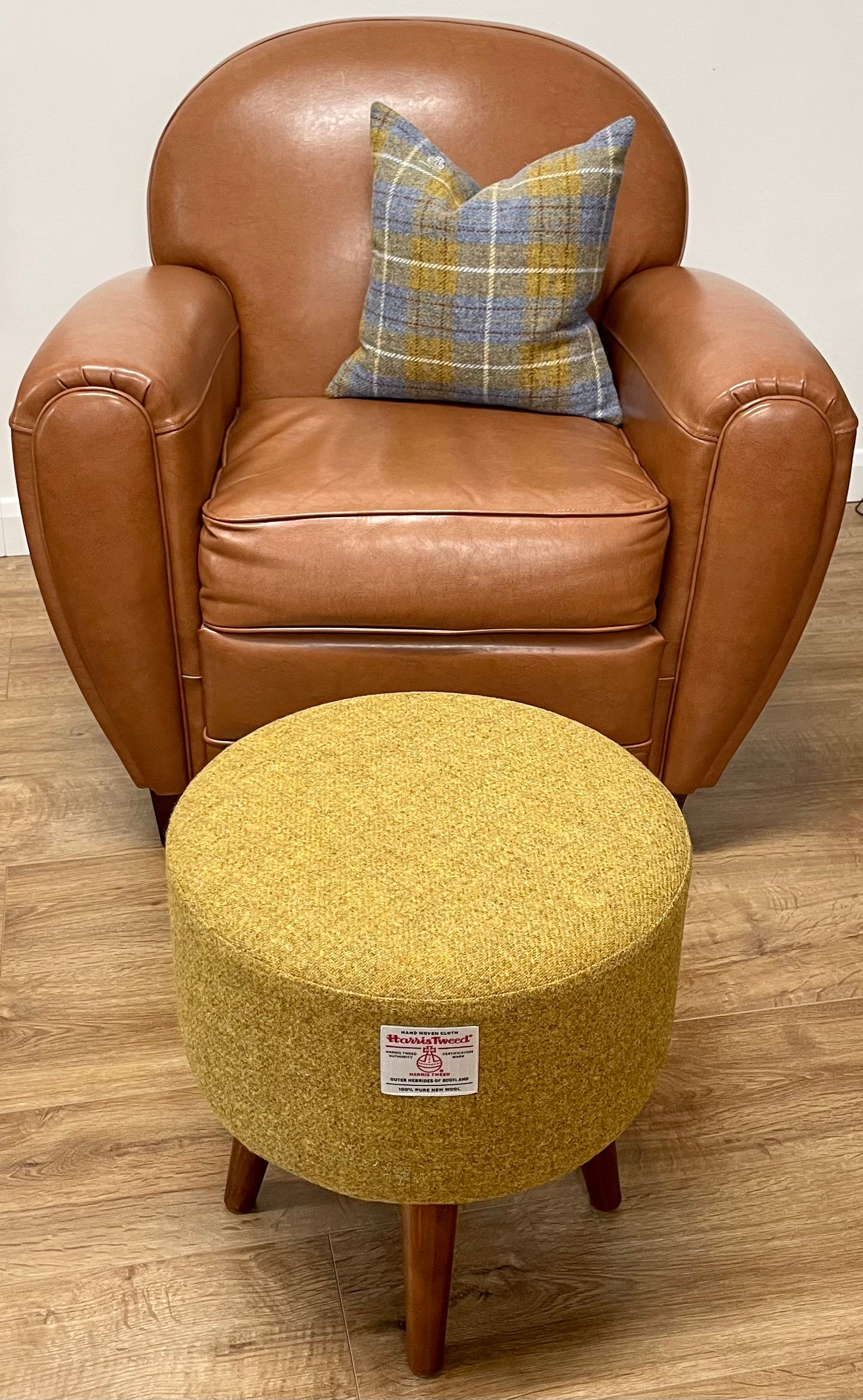 Mustard Harris Tweed Footstool with Dark Varnished Wooden Legs