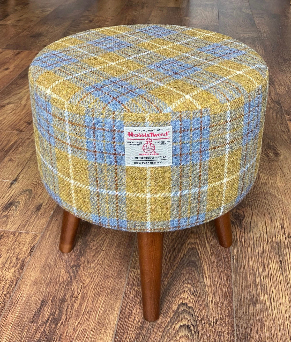 Mustard Tartan Harris Tweed Footstool with Dark Varnished Wooden Legs