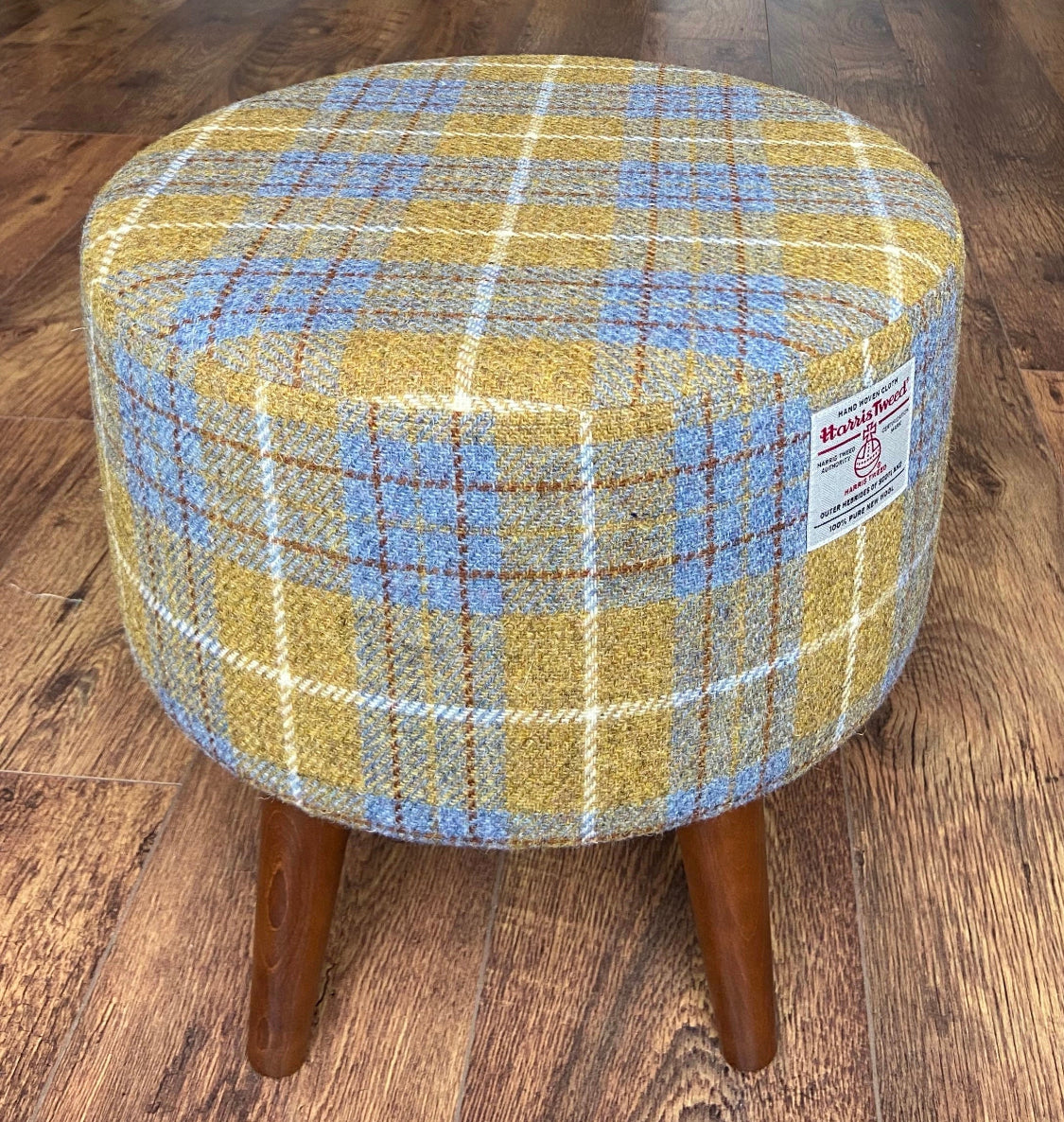 Mustard Tartan Harris Tweed Footstool with Dark Varnished Wooden Legs