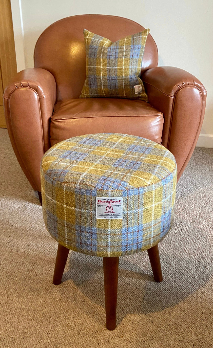 Mustard Tartan Harris Tweed Footstool with Dark Varnished Wooden Legs