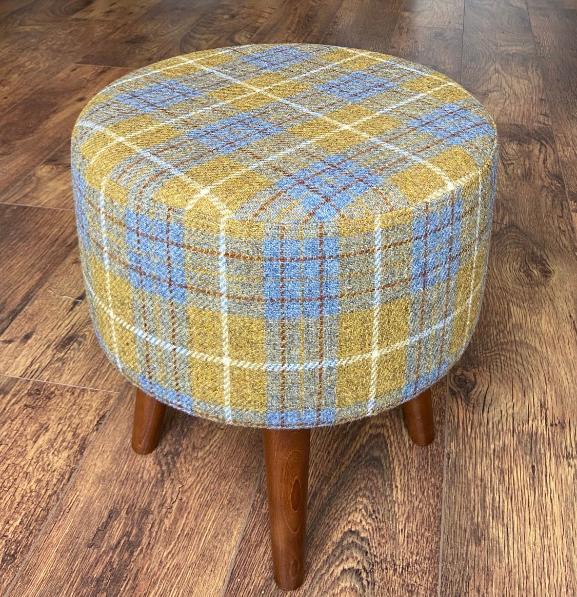 Mustard Tartan Harris Tweed Footstool with Dark Varnished Wooden Legs