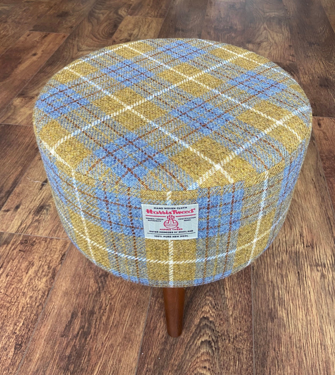 Mustard Tartan Harris Tweed Footstool with Dark Varnished Wooden Legs