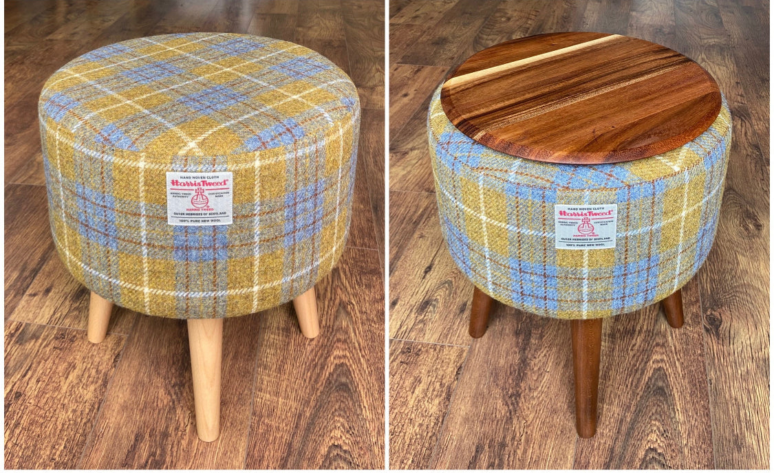 Mustard Tartan Harris Tweed Footstool with Dark Varnished Wooden Legs