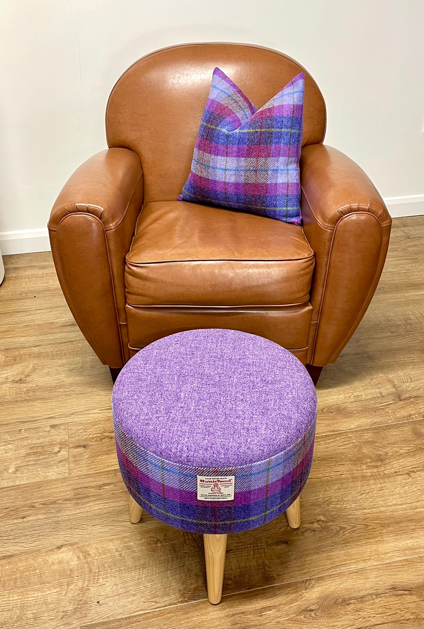Lilac and Tartan Harris Tweed Round Footstool with Varnished Wooden Legs
