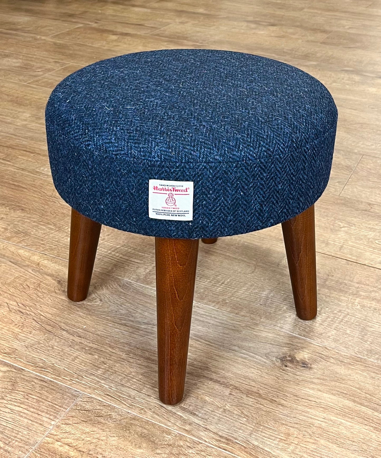 Small Navy Blue Herringbone Harris Tweed Footstool