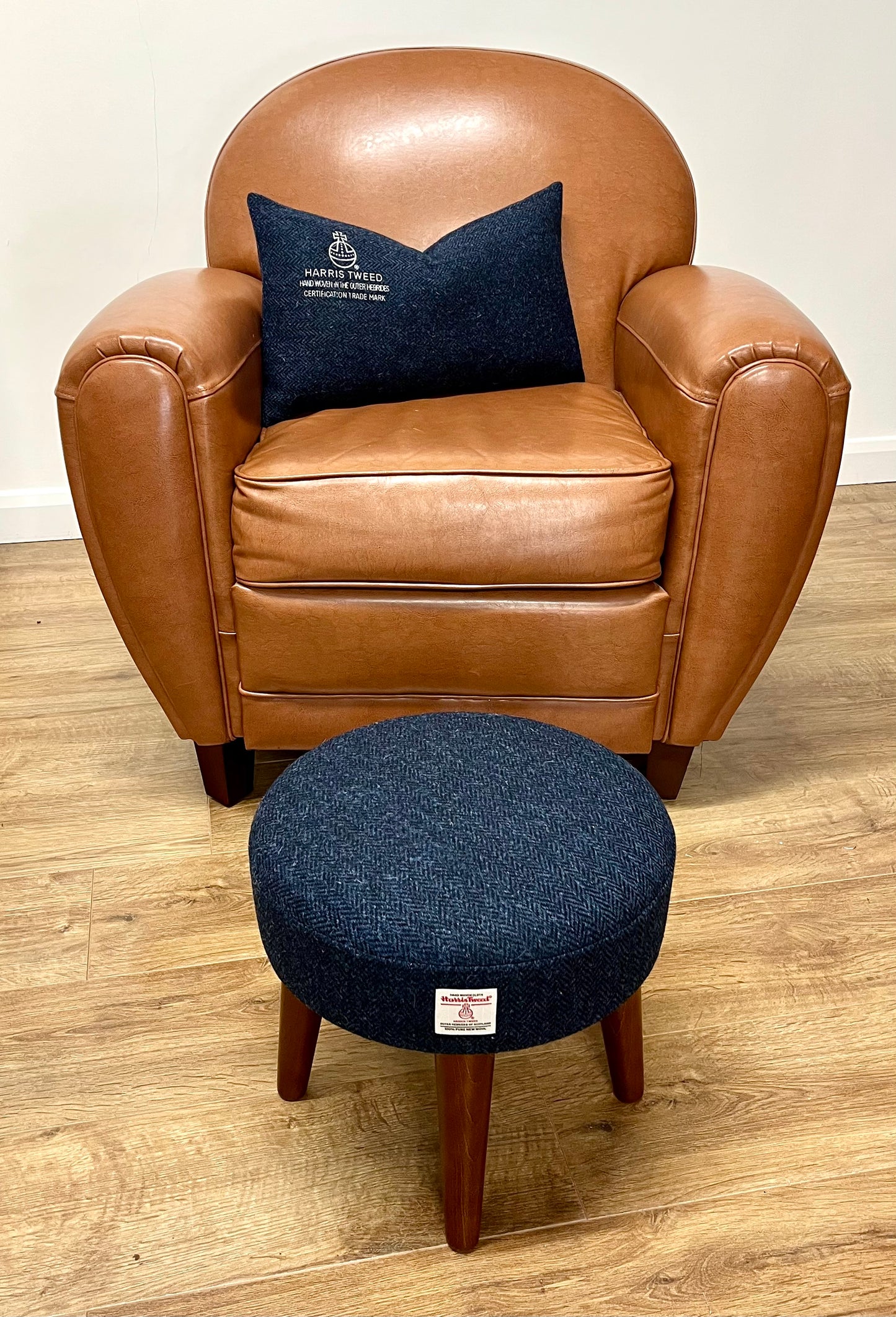 Small Navy Blue Herringbone Harris Tweed Footstool