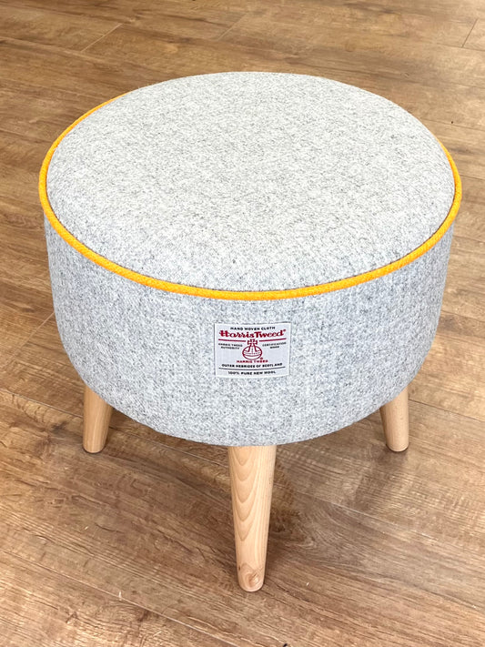 Grey Harris Tweed Footstool with Yellow Piping and Varnished Wooden Legs