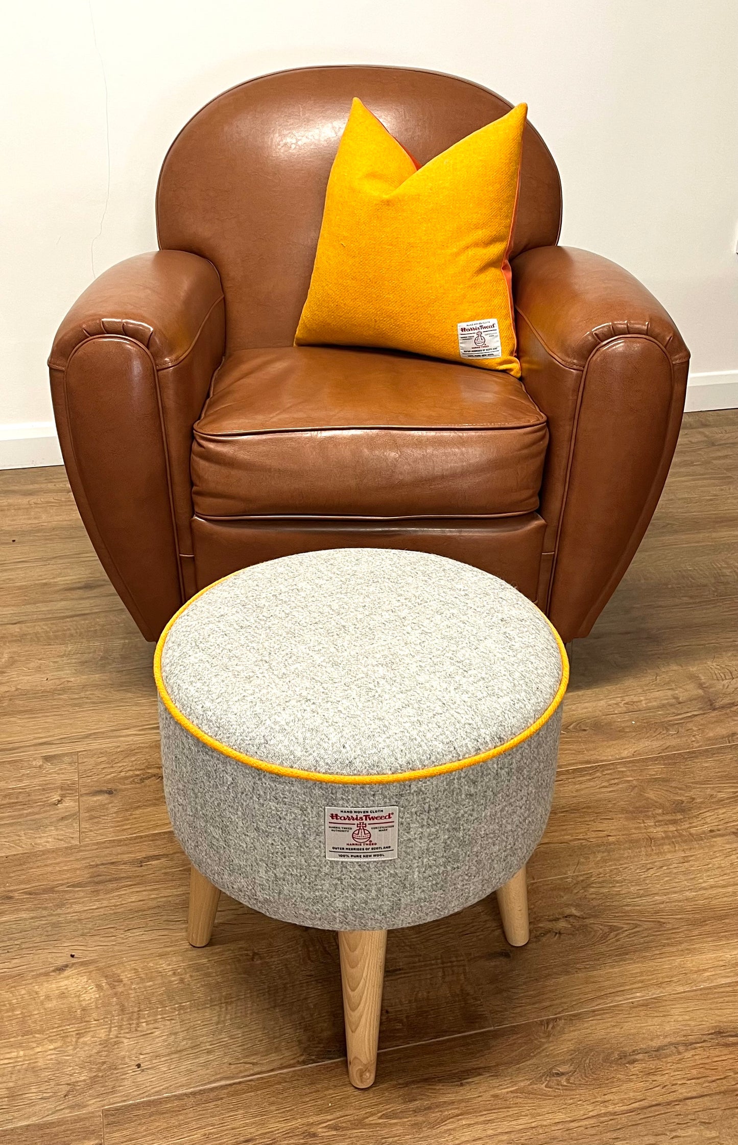Grey Harris Tweed Footstool with Yellow Piping and Varnished Wooden Legs