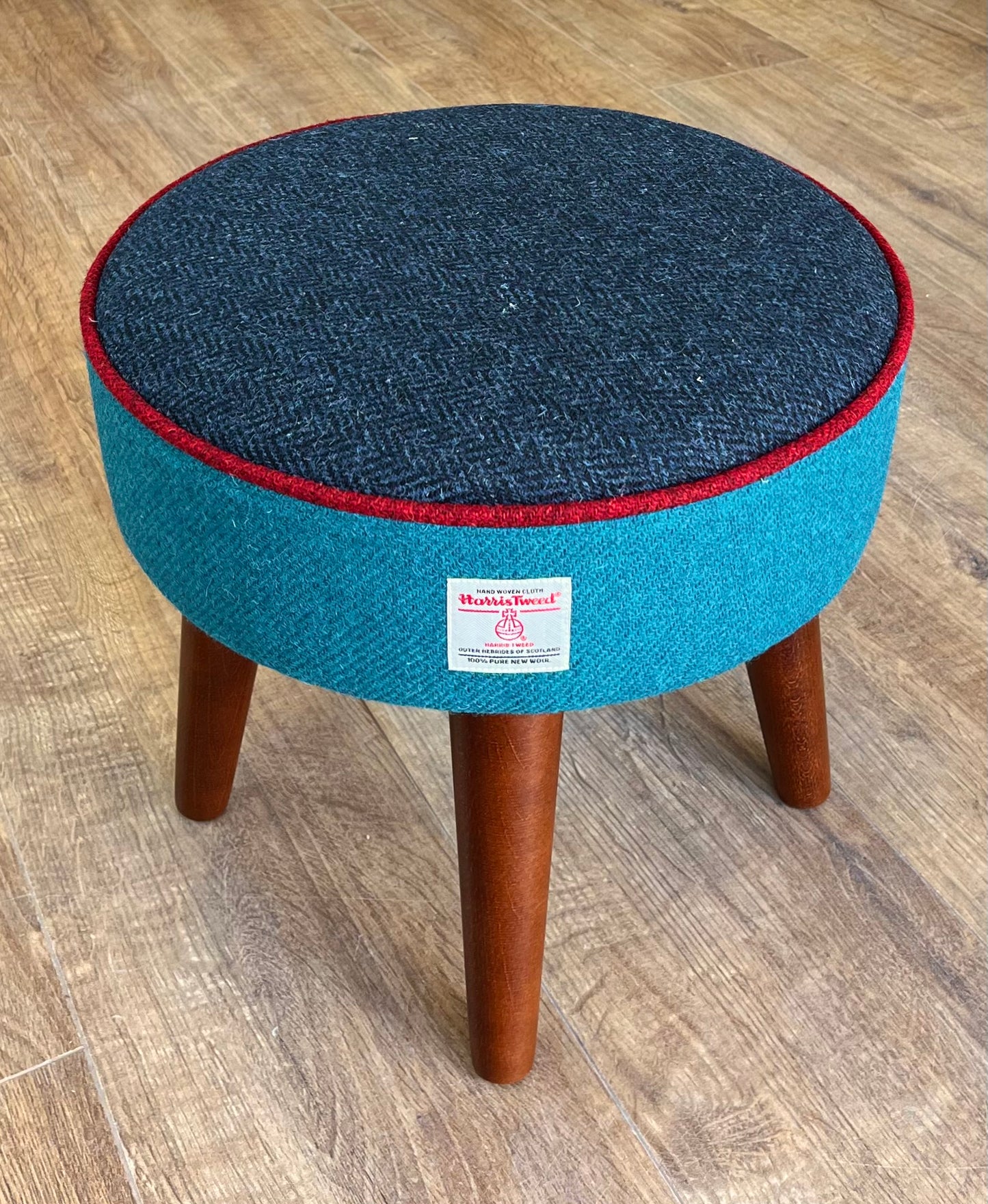 Navy and Teal Harris Tweed Footstool with Red Piping and Dark Varnished Wooden Legs