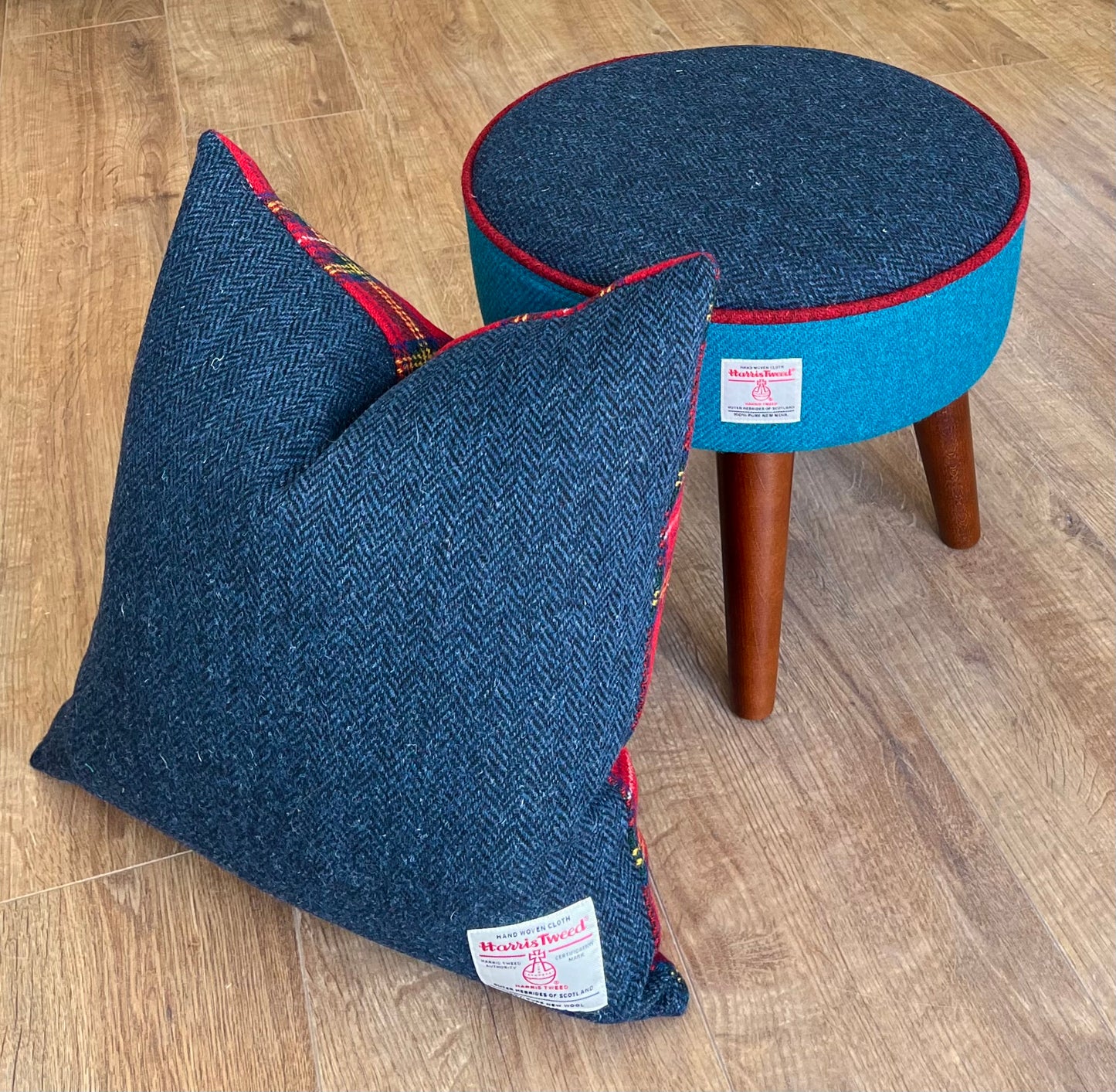 Navy and Teal Harris Tweed Footstool with Red Piping and Dark Varnished Wooden Legs