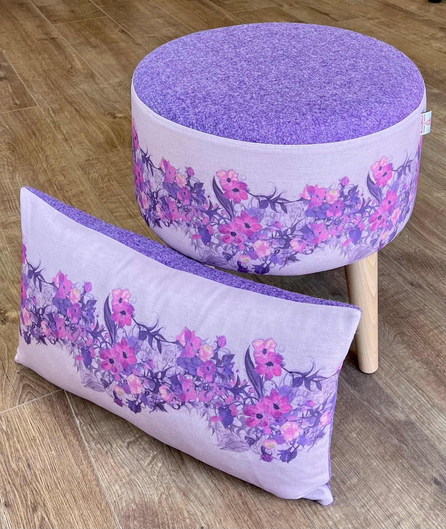 Lilac Vines Linen and Harris Tweed Footstool