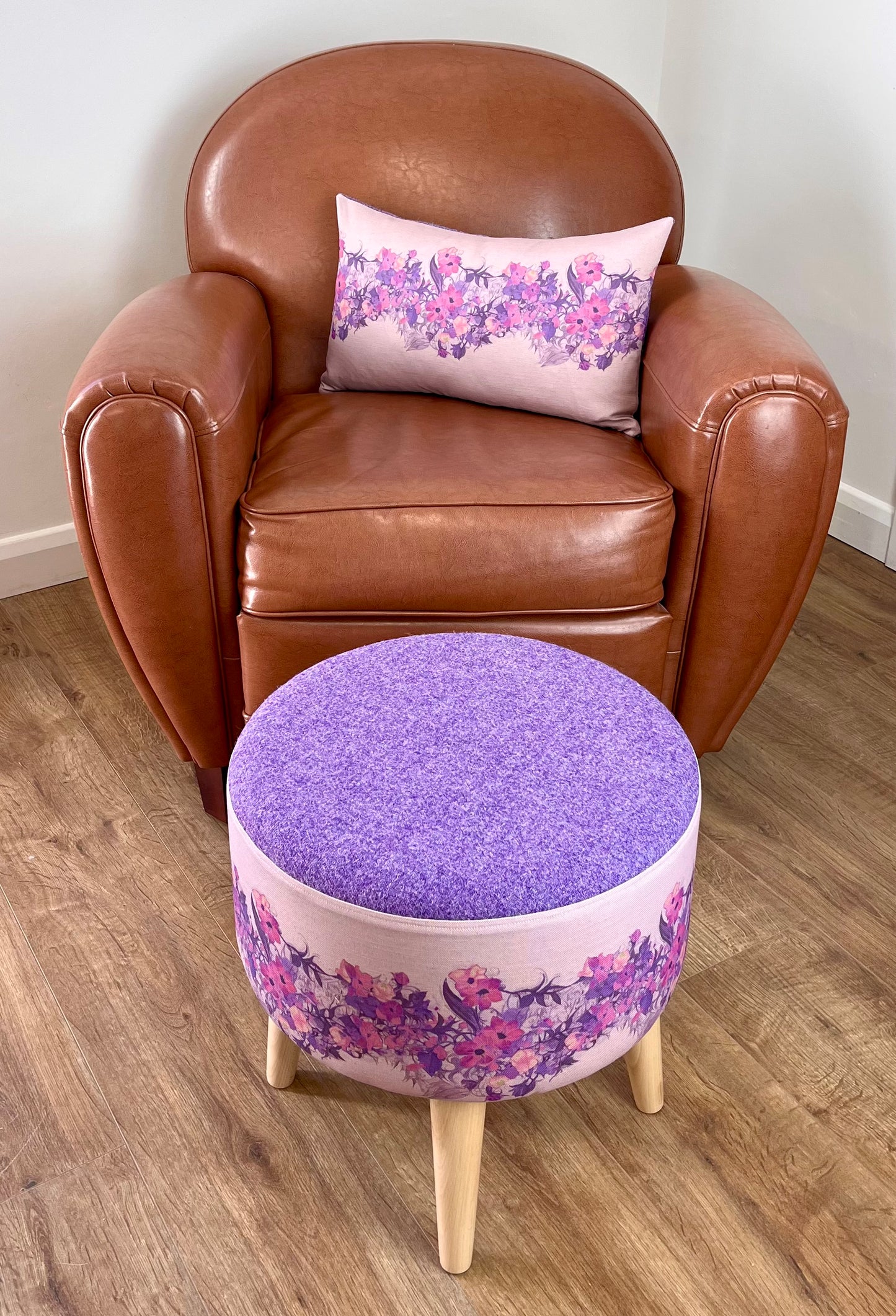 Lilac Vines Linen and Harris Tweed Footstool