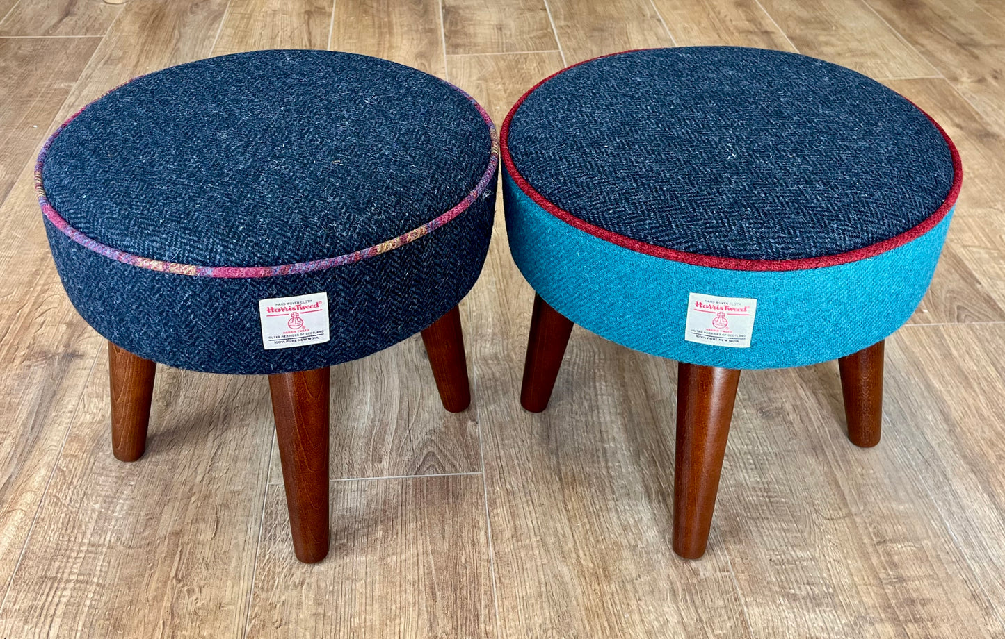 Navy Blue Harris Tweed Footstool with Tartan Piping and Dark Varnished Wooden Legs