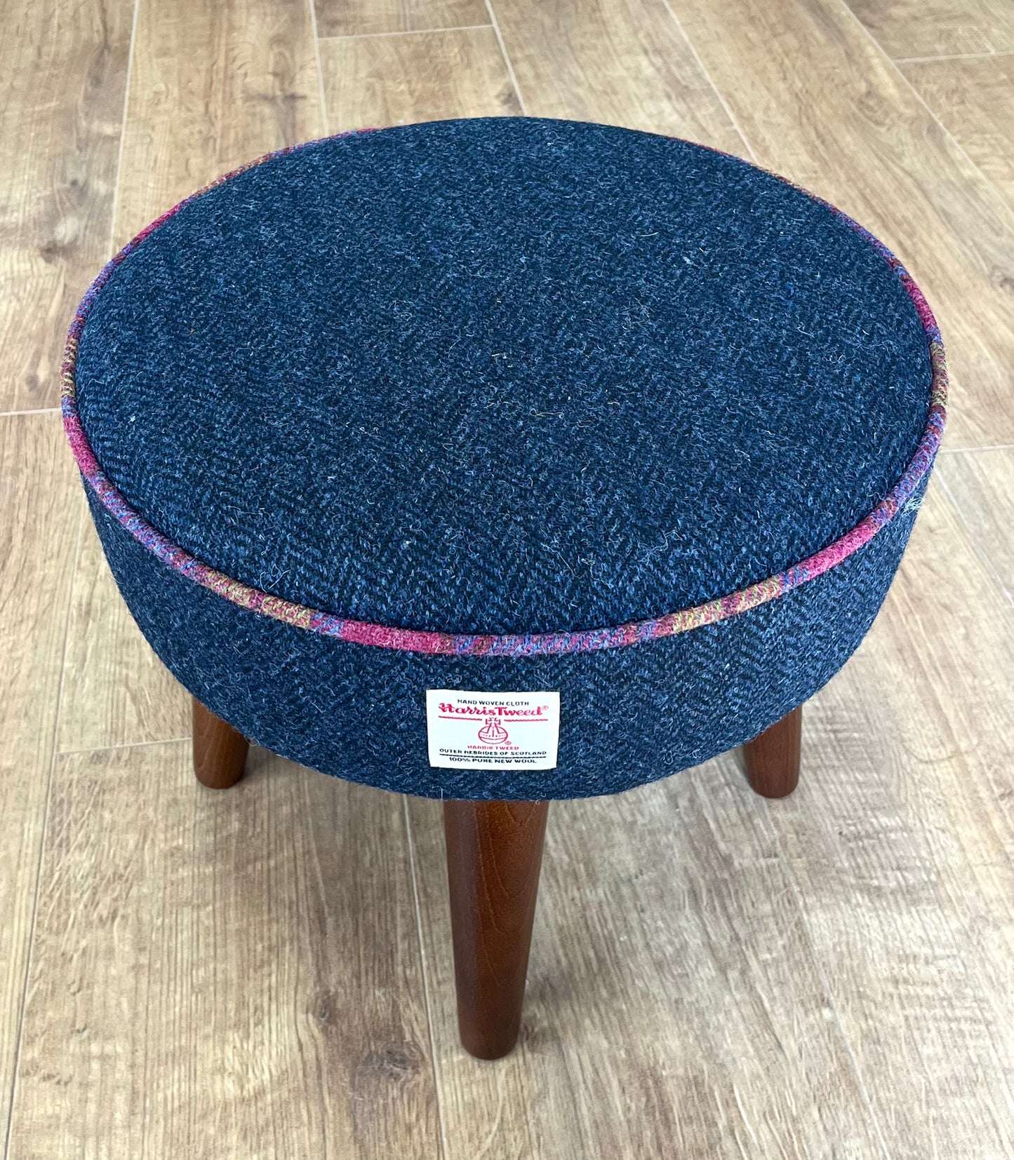 Navy Blue Harris Tweed Footstool with Tartan Piping and Dark Varnished Wooden Legs