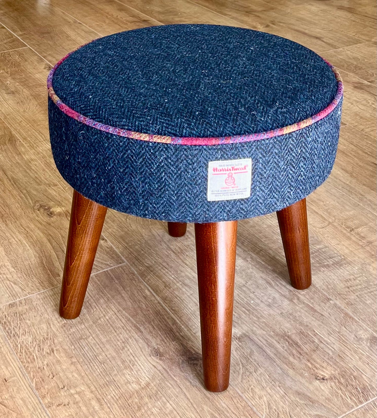 Navy Blue Harris Tweed Footstool with Tartan Piping and Dark Varnished Wooden Legs