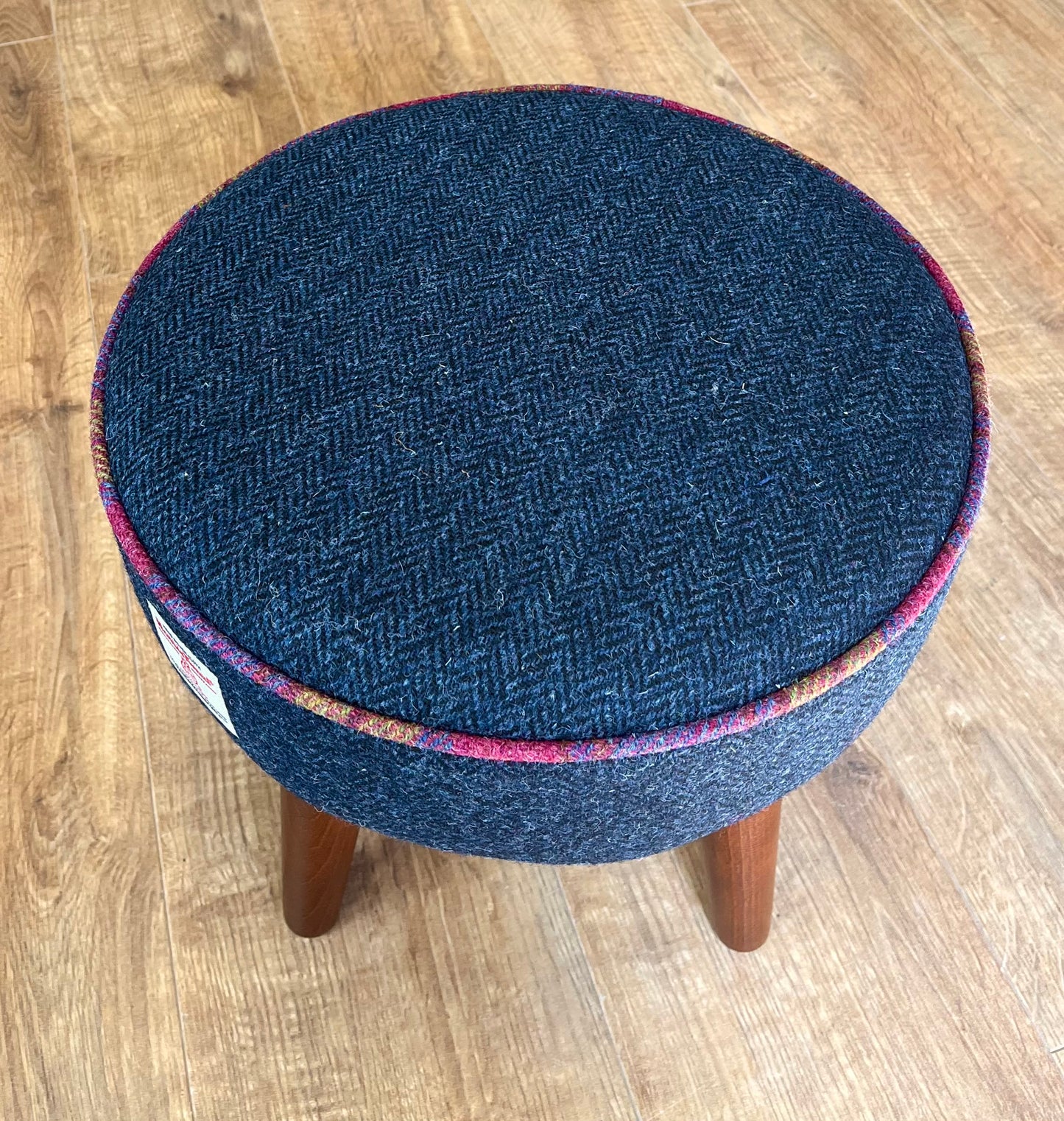 Navy Blue Harris Tweed Footstool with Tartan Piping and Dark Varnished Wooden Legs