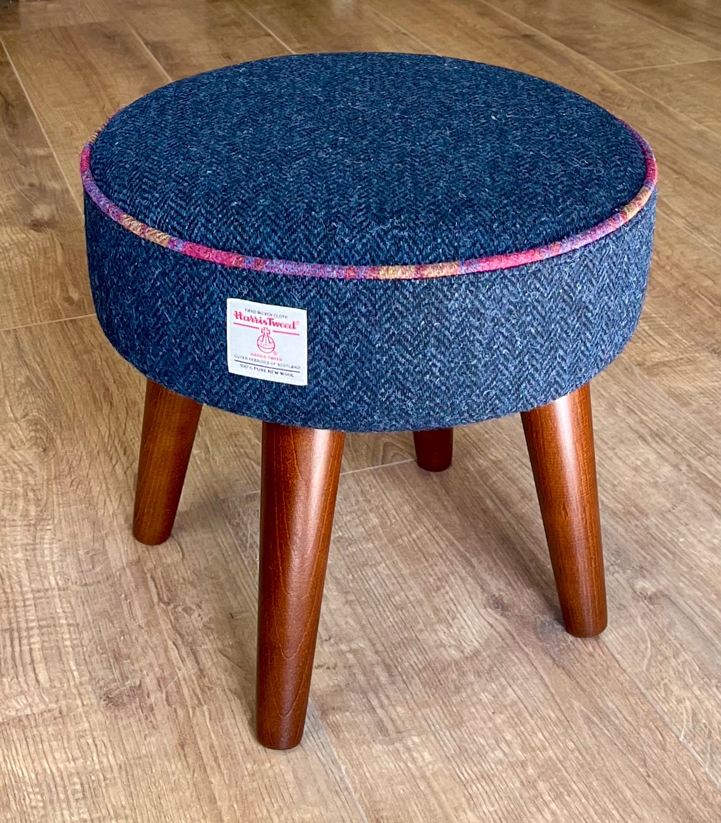 Navy Blue Harris Tweed Footstool with Tartan Piping and Dark Varnished Wooden Legs
