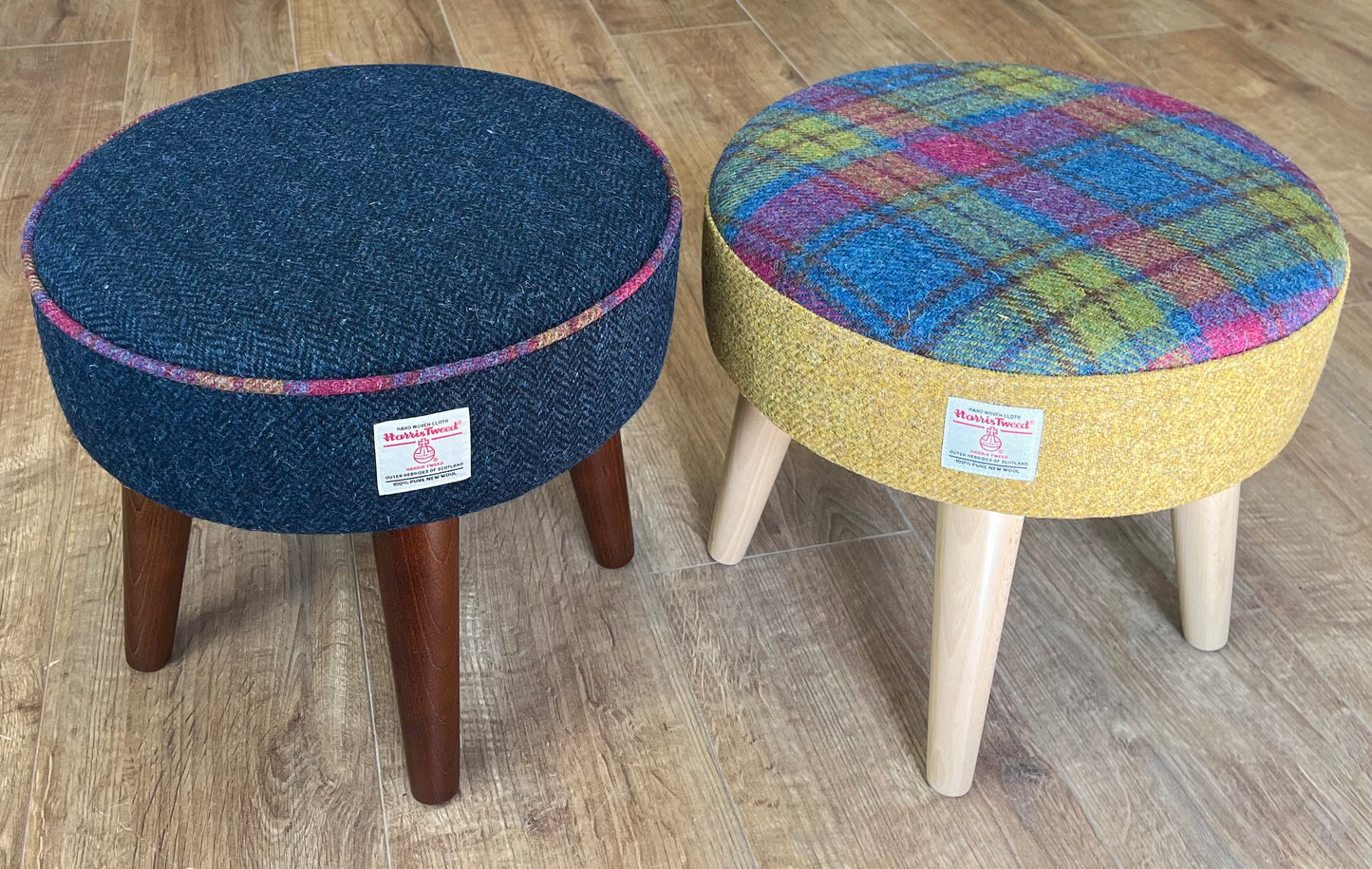 Navy Blue Harris Tweed Footstool with Tartan Piping and Dark Varnished Wooden Legs
