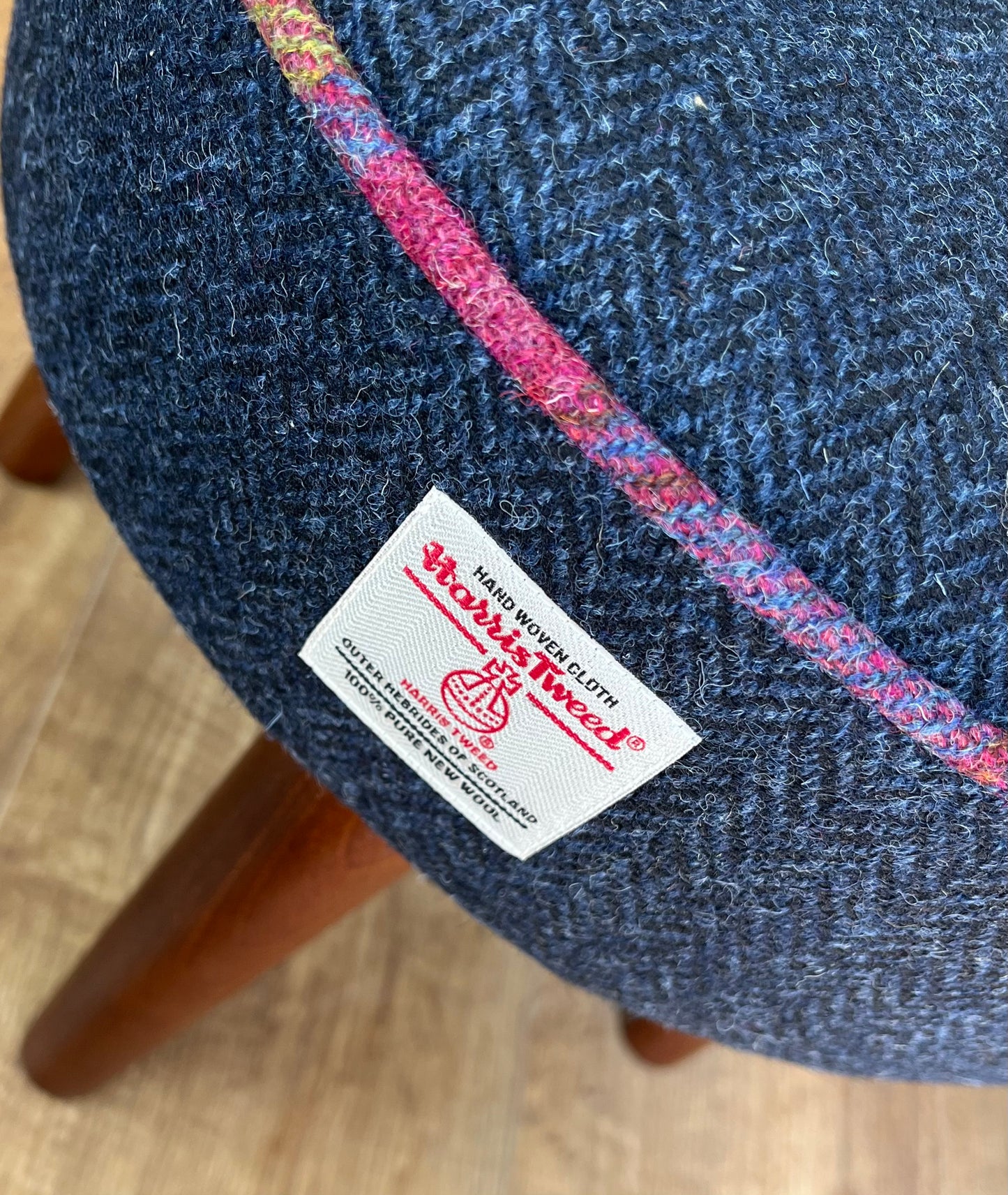 Navy Blue Harris Tweed Footstool with Tartan Piping and Dark Varnished Wooden Legs