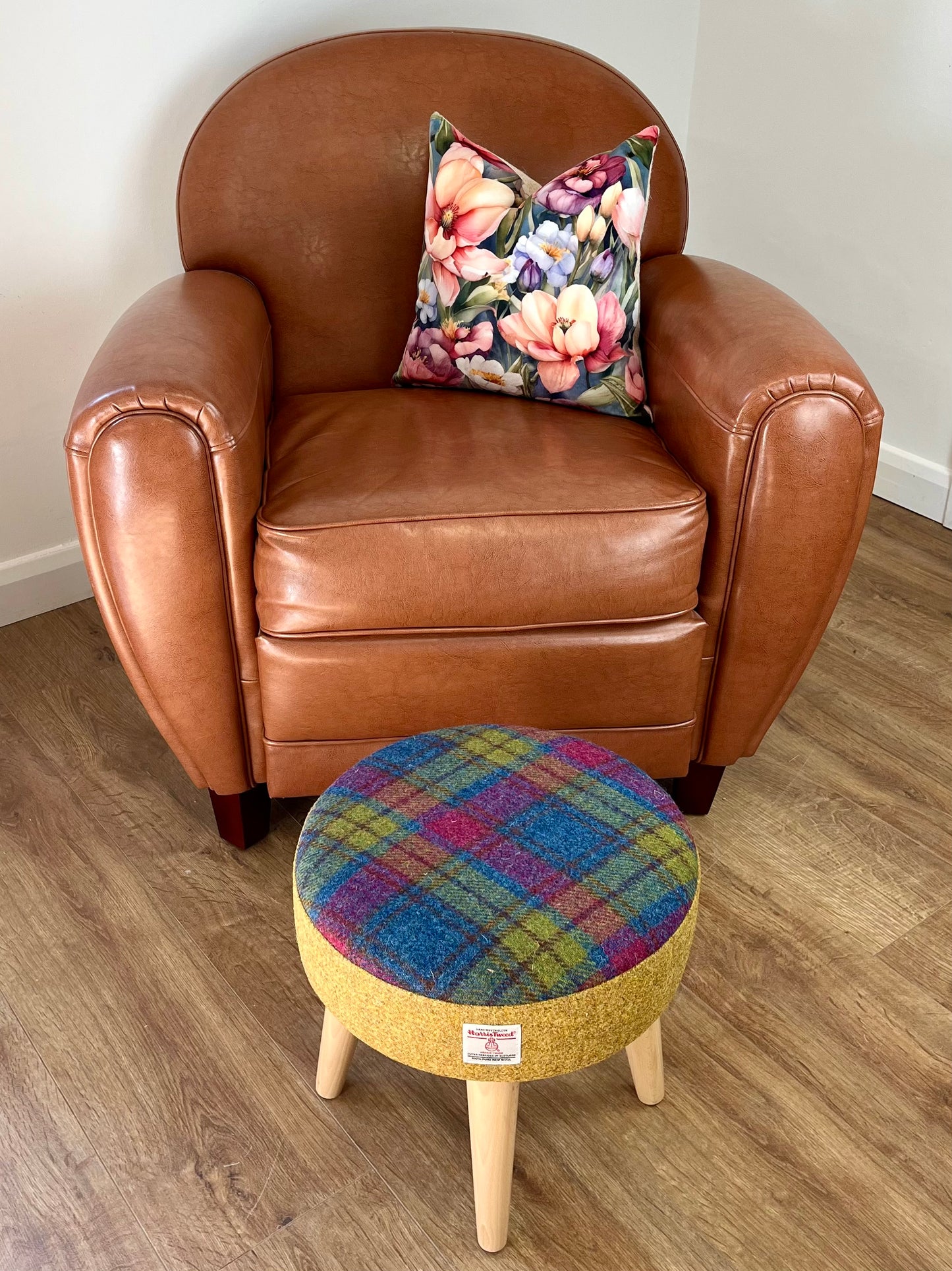 Mustard and Colourful Tartan Harris Tweed Footstool with Varnished Light Wooden Legs